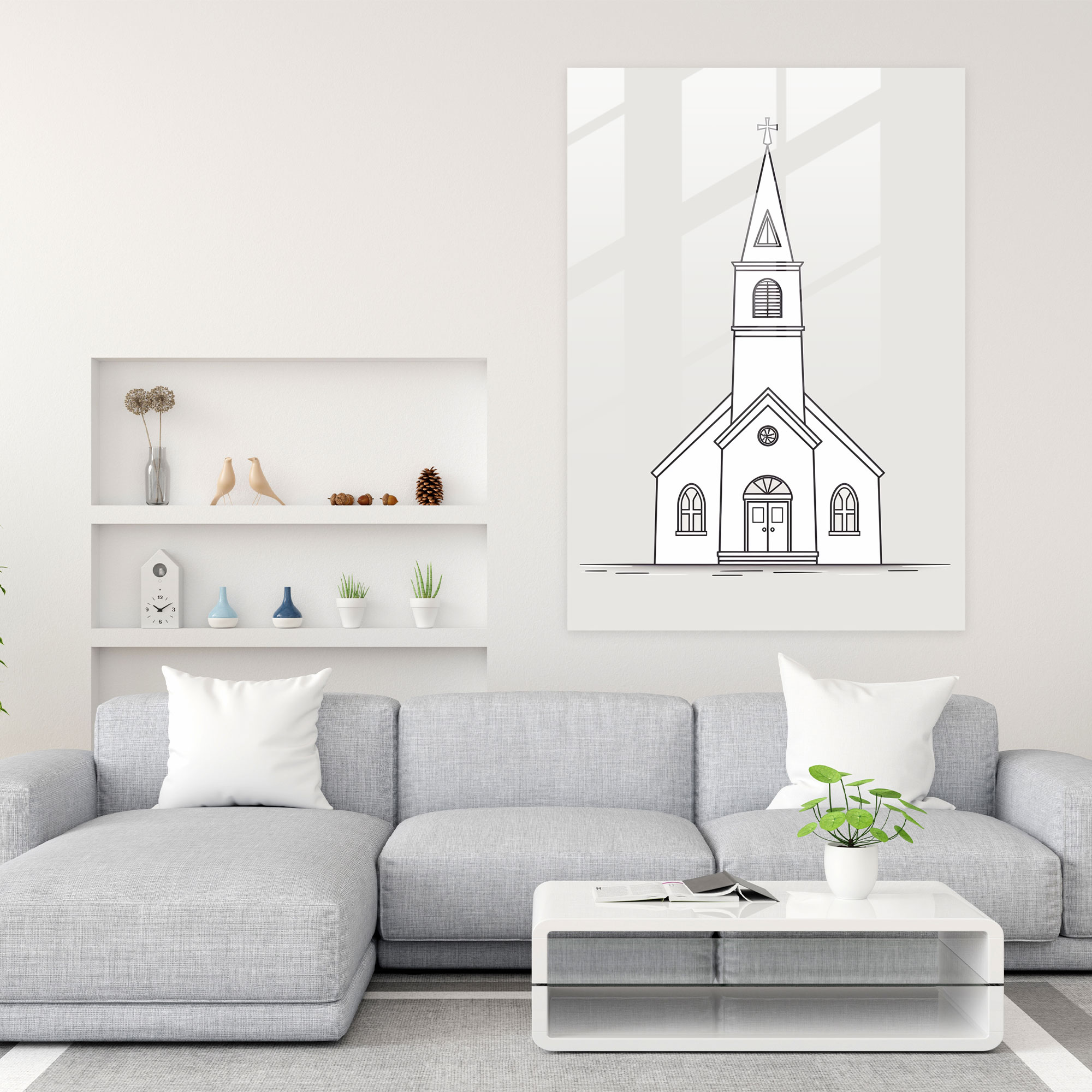 Minimalist Church Outline Glass Print - Church, Modern Art, Home Decoration, Glass Print