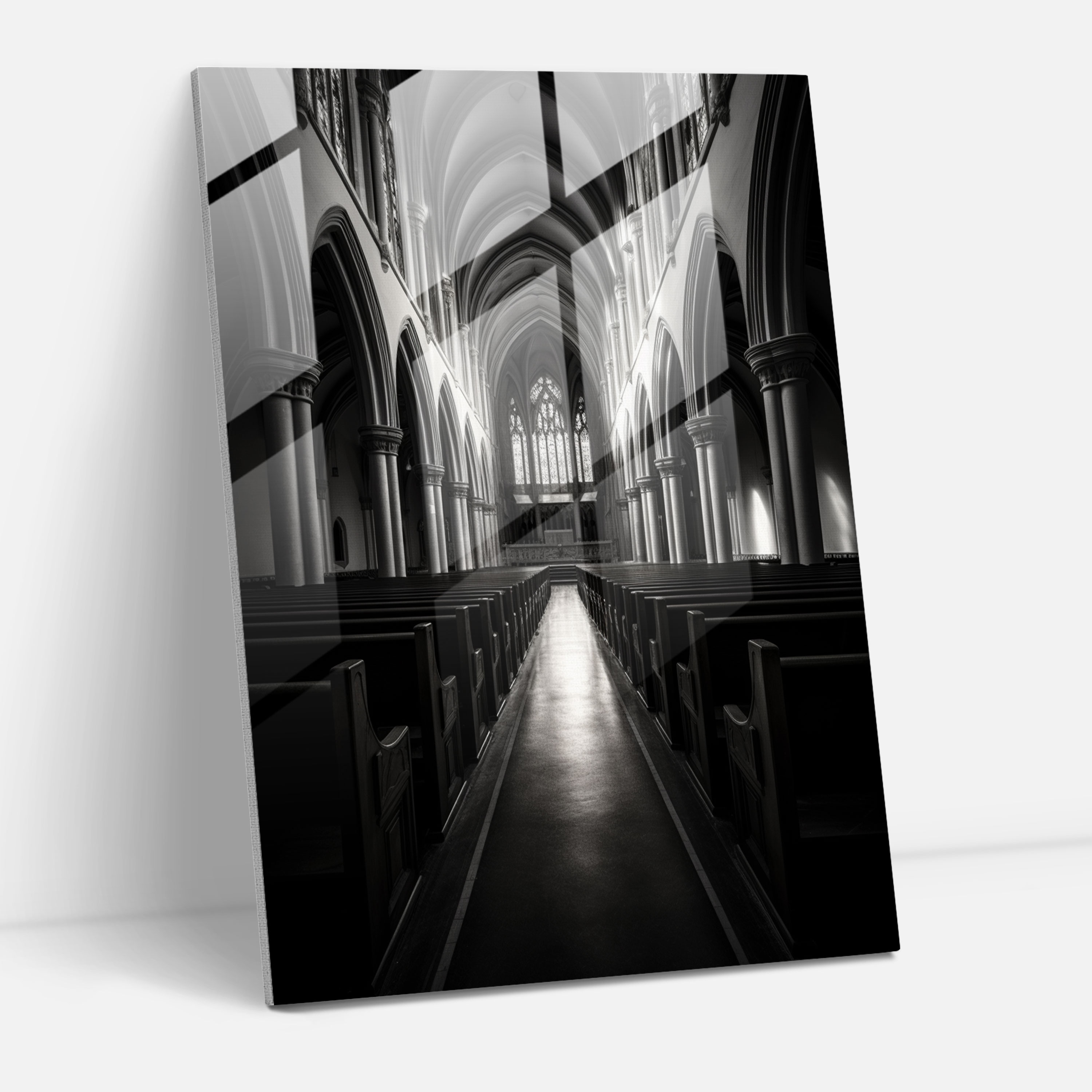 Church Glass Print: Dramatic Interior - Church, Black And White Photograph, Captivating Church Space, Modern Art