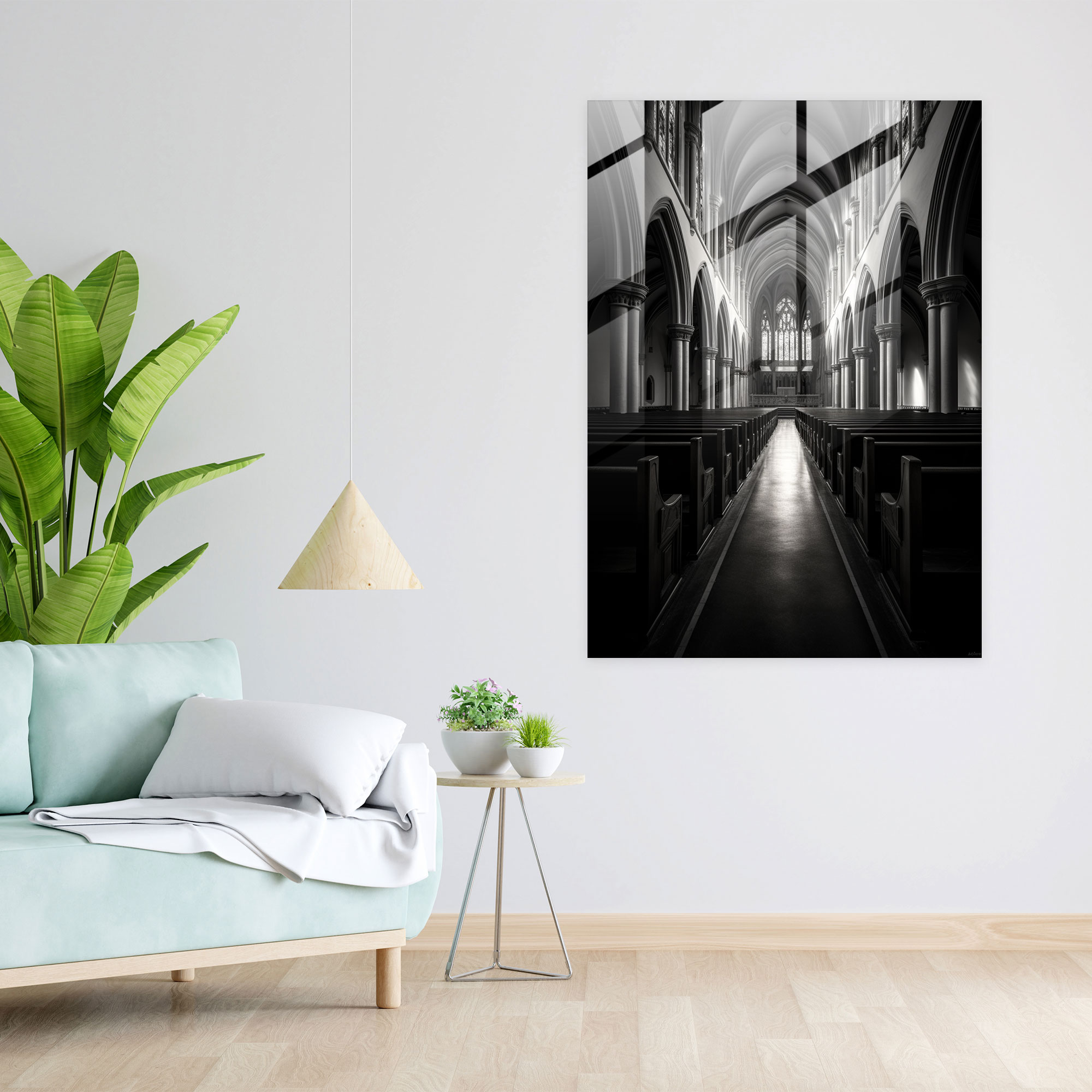 Church Glass Print: Dramatic Interior - Church, Black And White Photograph, Captivating Church Space, Modern Art