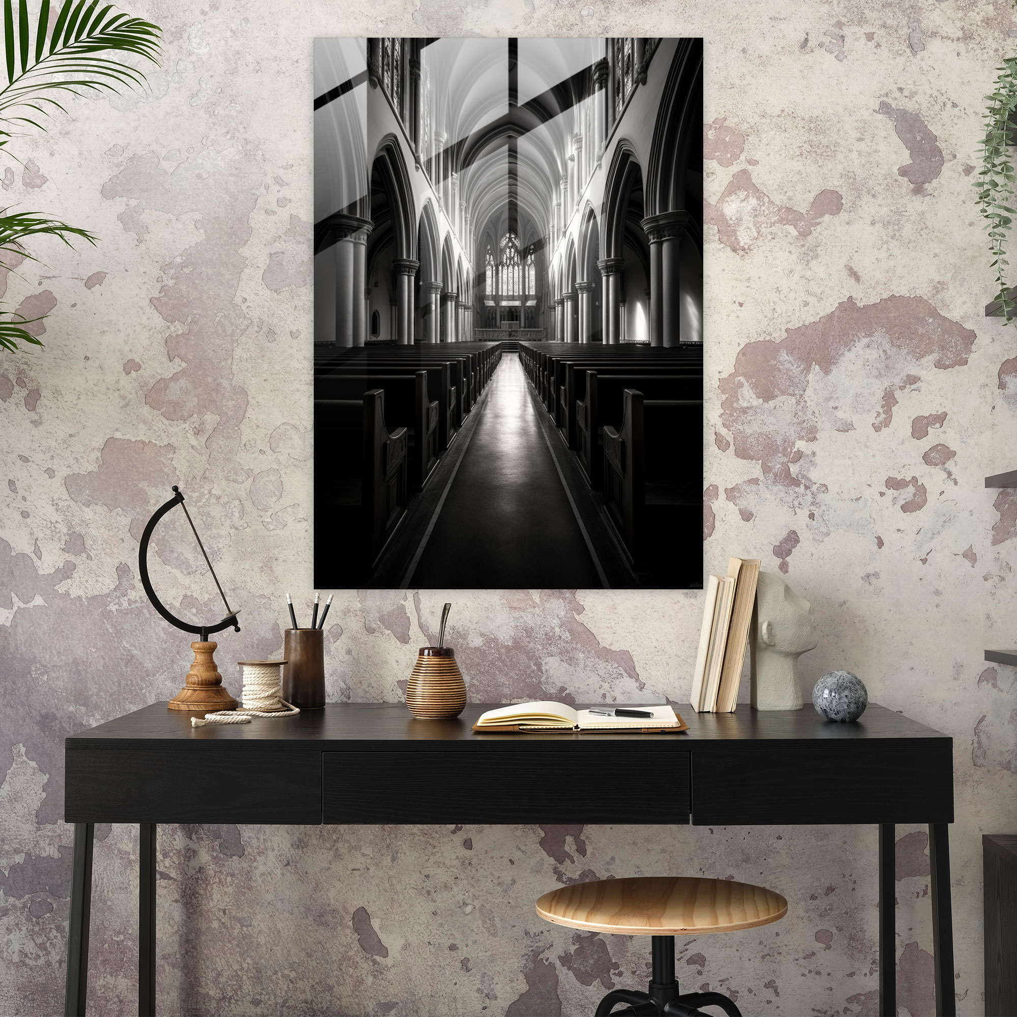 Church Glass Print: Dramatic Interior - Church, Black And White Photograph, Captivating Church Space, Modern Art