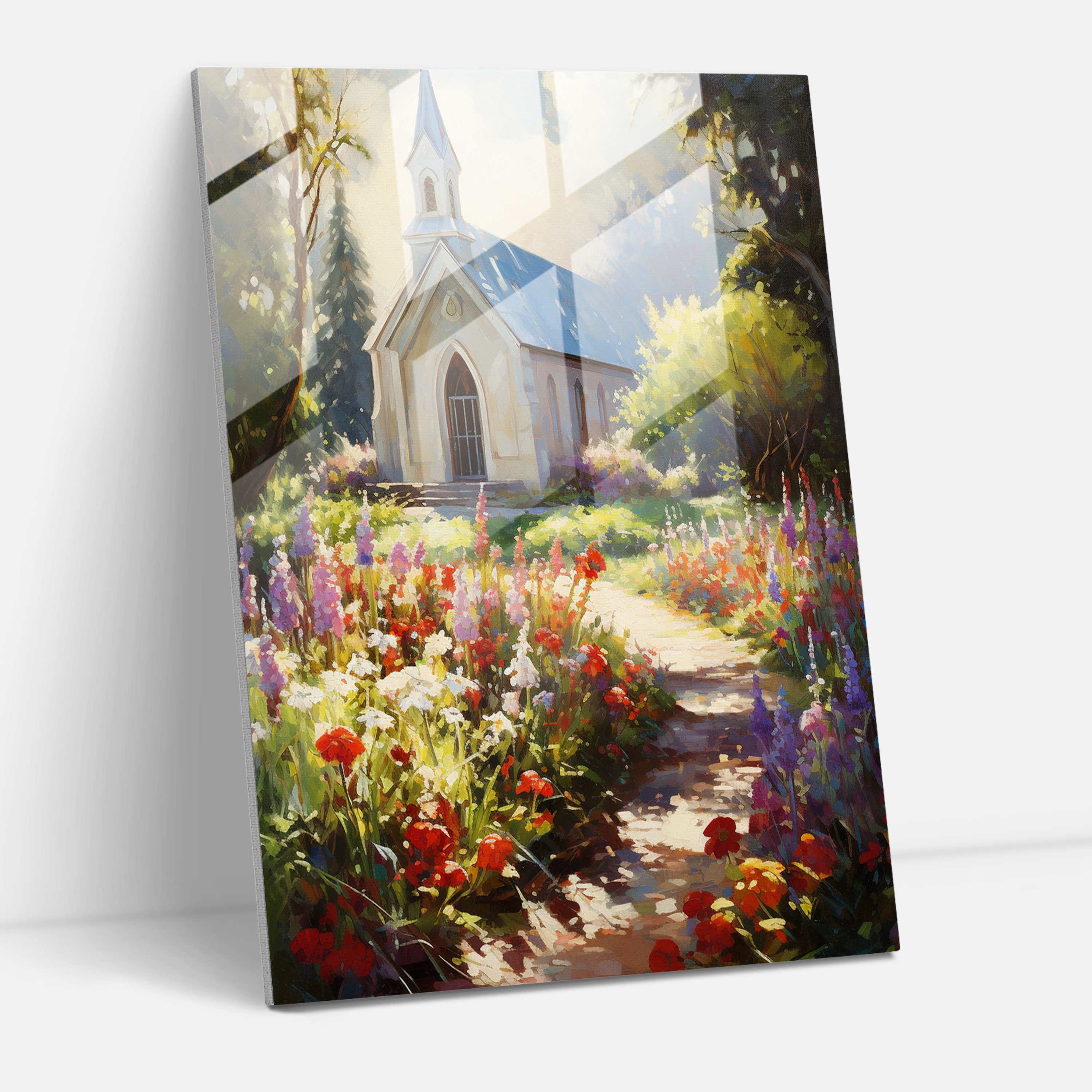 Church Glass Print: Sunlit Garden - Church, Impressionist Painting, Wall Decoration, Sunlit Church Garden