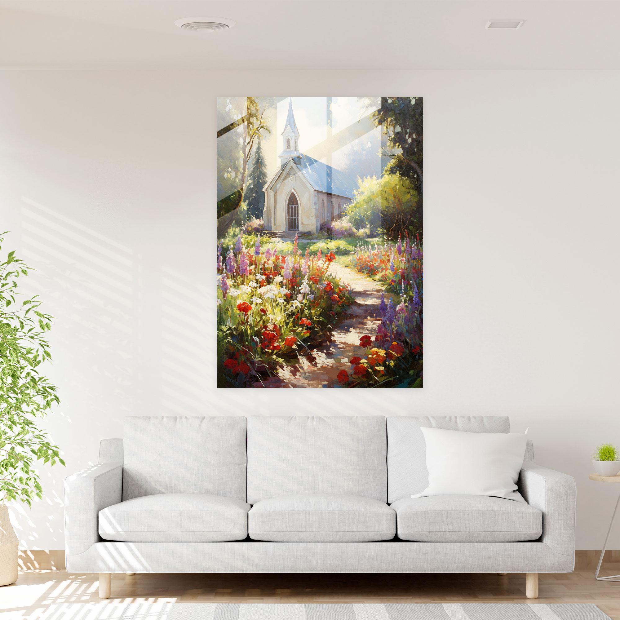 Church Glass Print: Sunlit Garden - Church, Impressionist Painting, Wall Decoration, Sunlit Church Garden