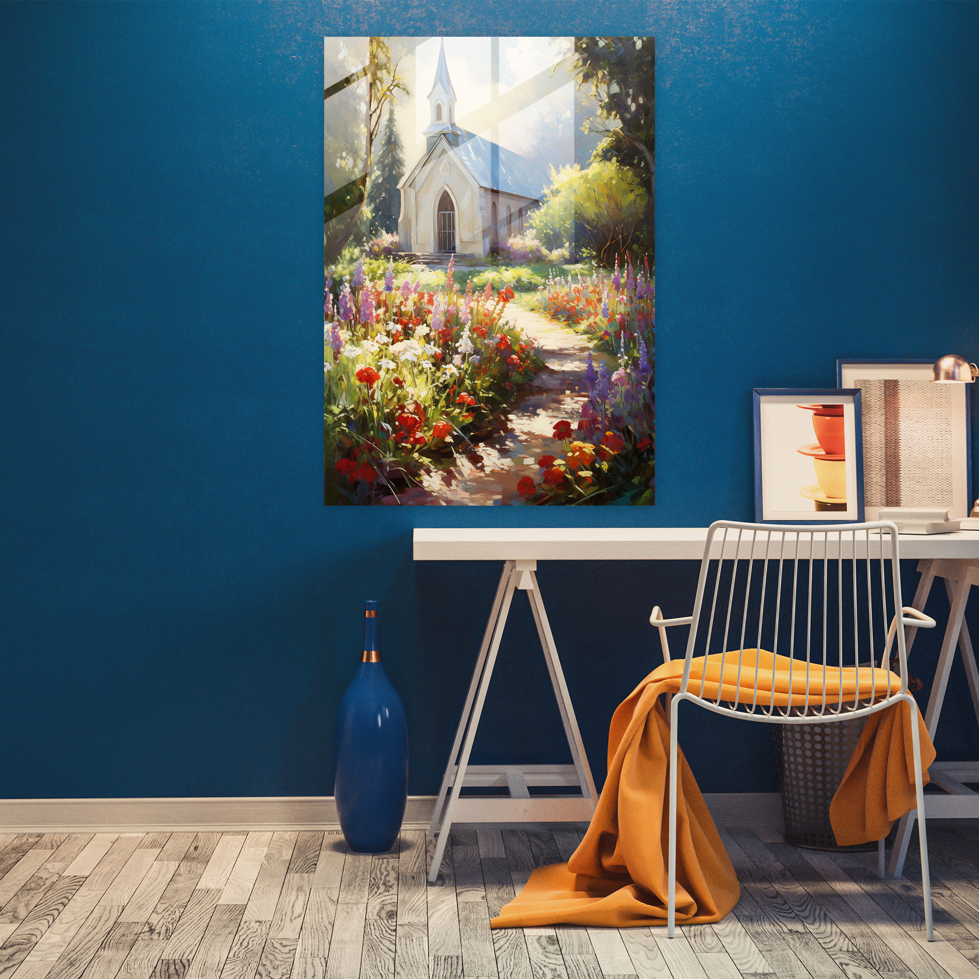 Church Glass Print: Sunlit Garden - Church, Impressionist Painting, Wall Decoration, Sunlit Church Garden