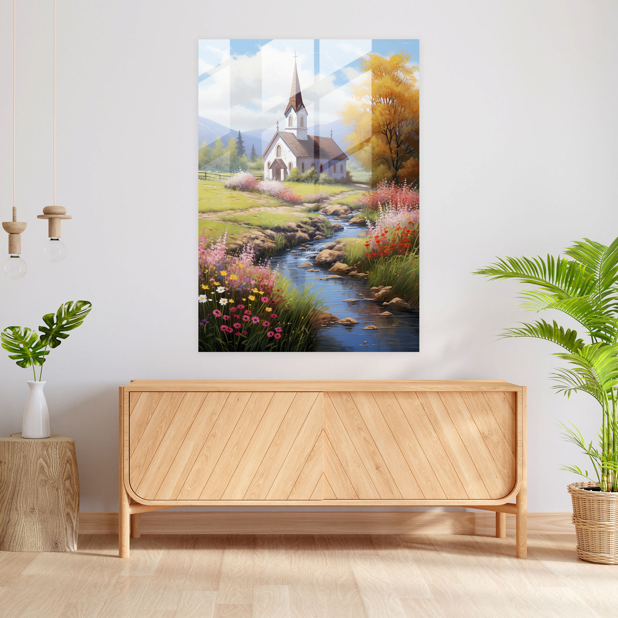 Traditional Church Glass Print - Church, Glass Wall Art, Wall Decoration, Blooming Flowers