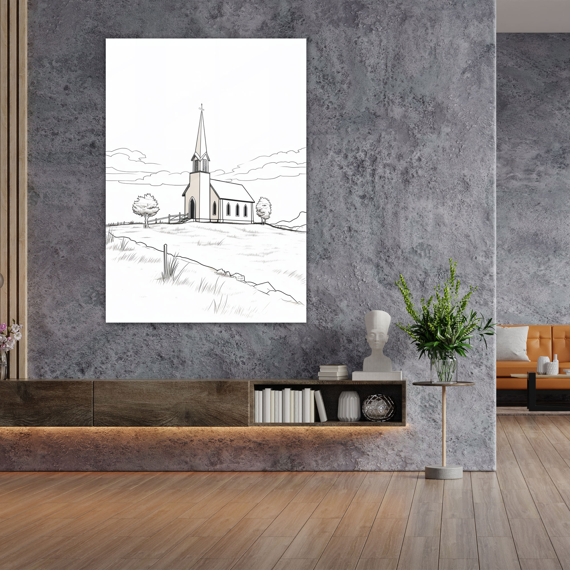 Kilise Tarlası Cam Tablo - Kilise Kilise Tarlası Temiz Çizgiler Duvar Dekorasyonu