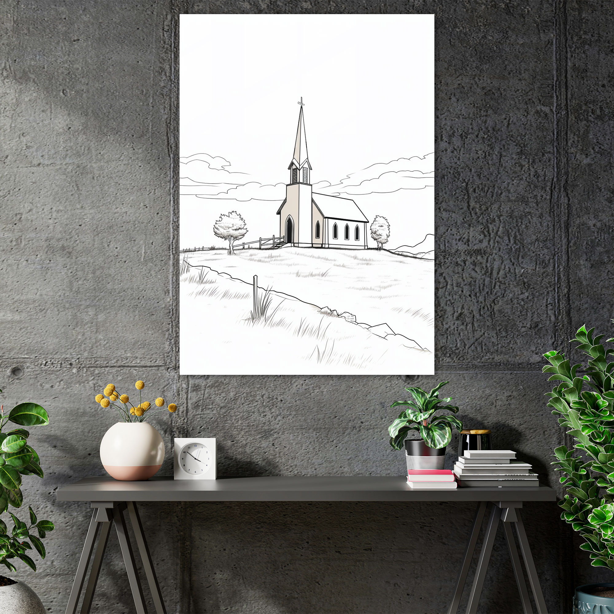 Kilise Tarlası Cam Tablo - Kilise Kilise Tarlası Temiz Çizgiler Duvar Dekorasyonu