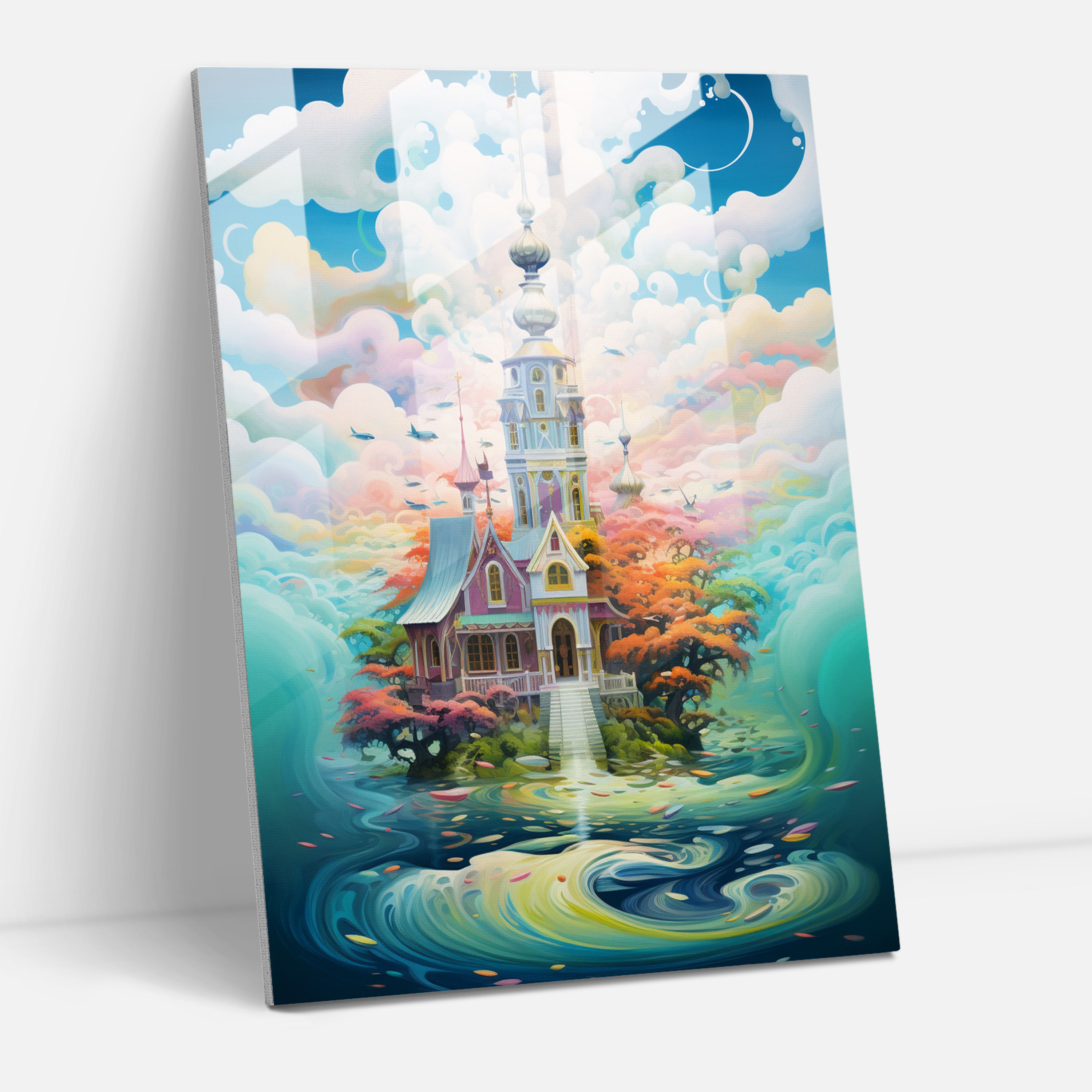 Floating Church Glass Print - Church, Wonder, Surreal Artwork, Home Decoration