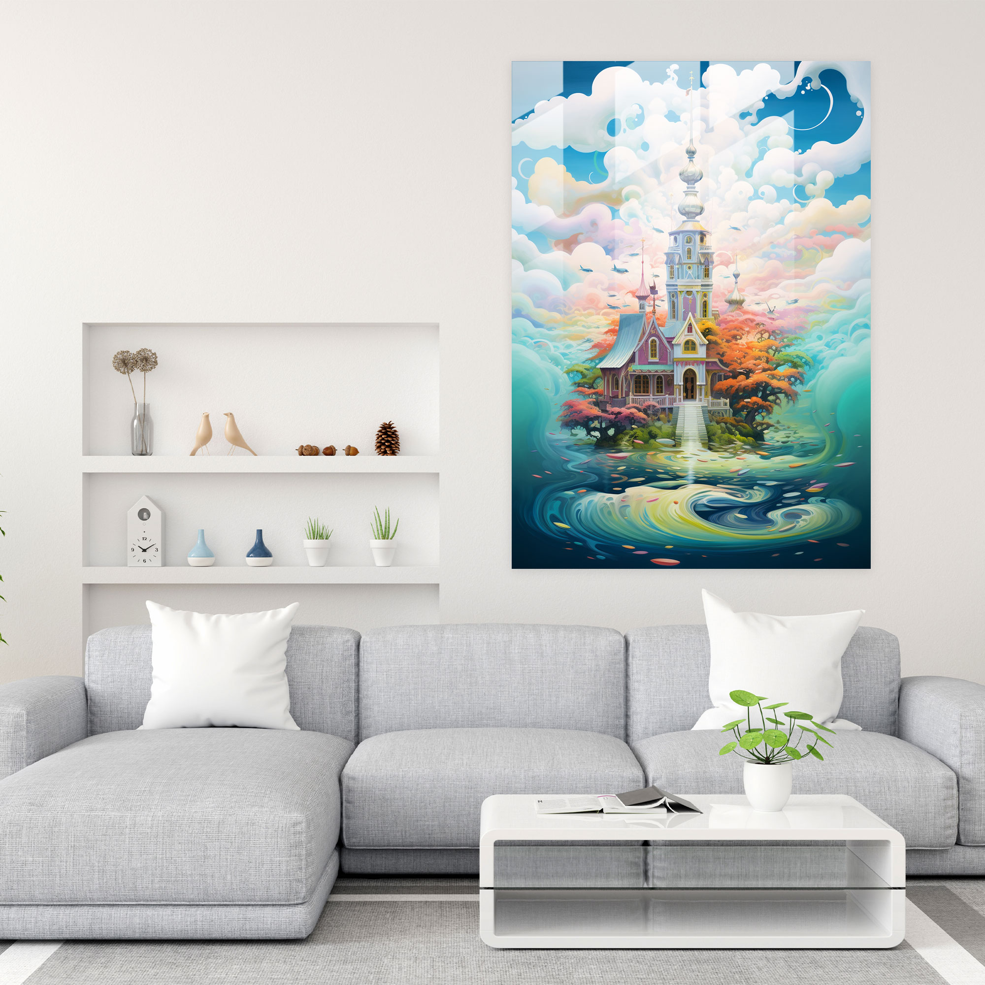 Floating Church Glass Print - Church, Wonder, Surreal Artwork, Home Decoration