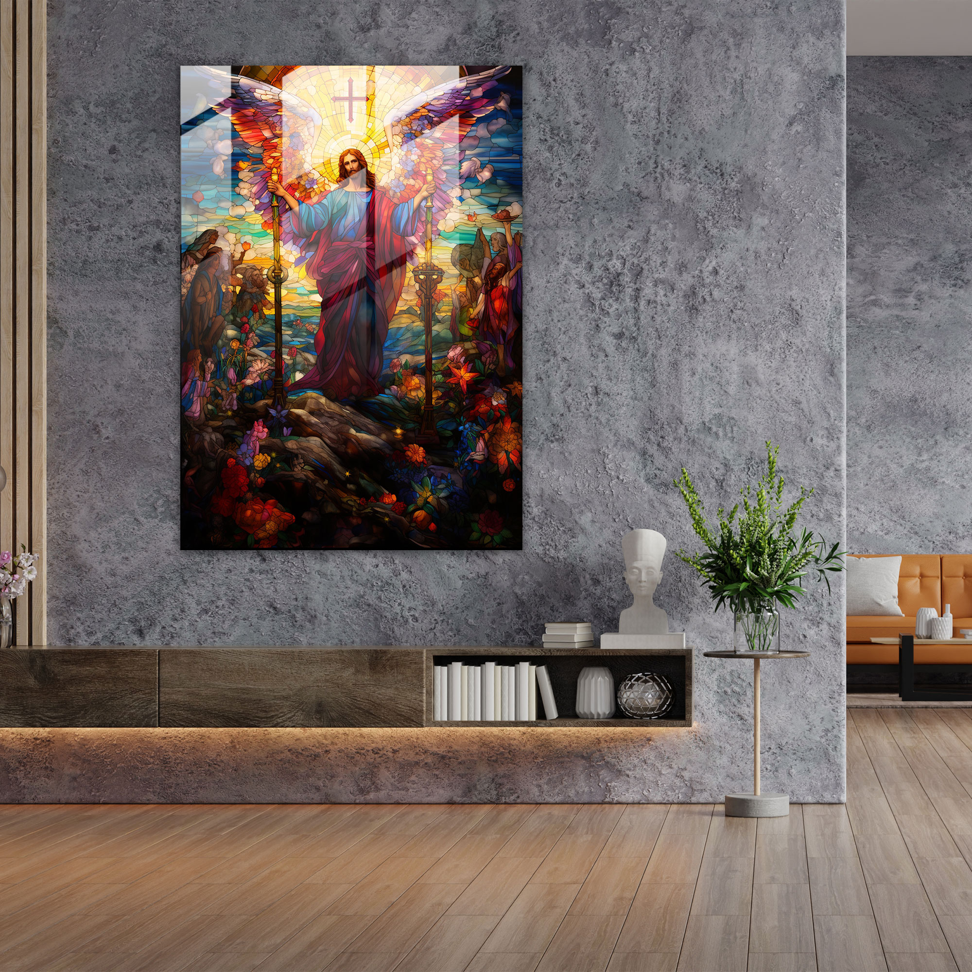 Kilise Cam Tablosu: Renkli Vitray Sanatı - Çarmıha Gerilen İsa - Kilise Cam Tablosu Modern Sanat Vitray