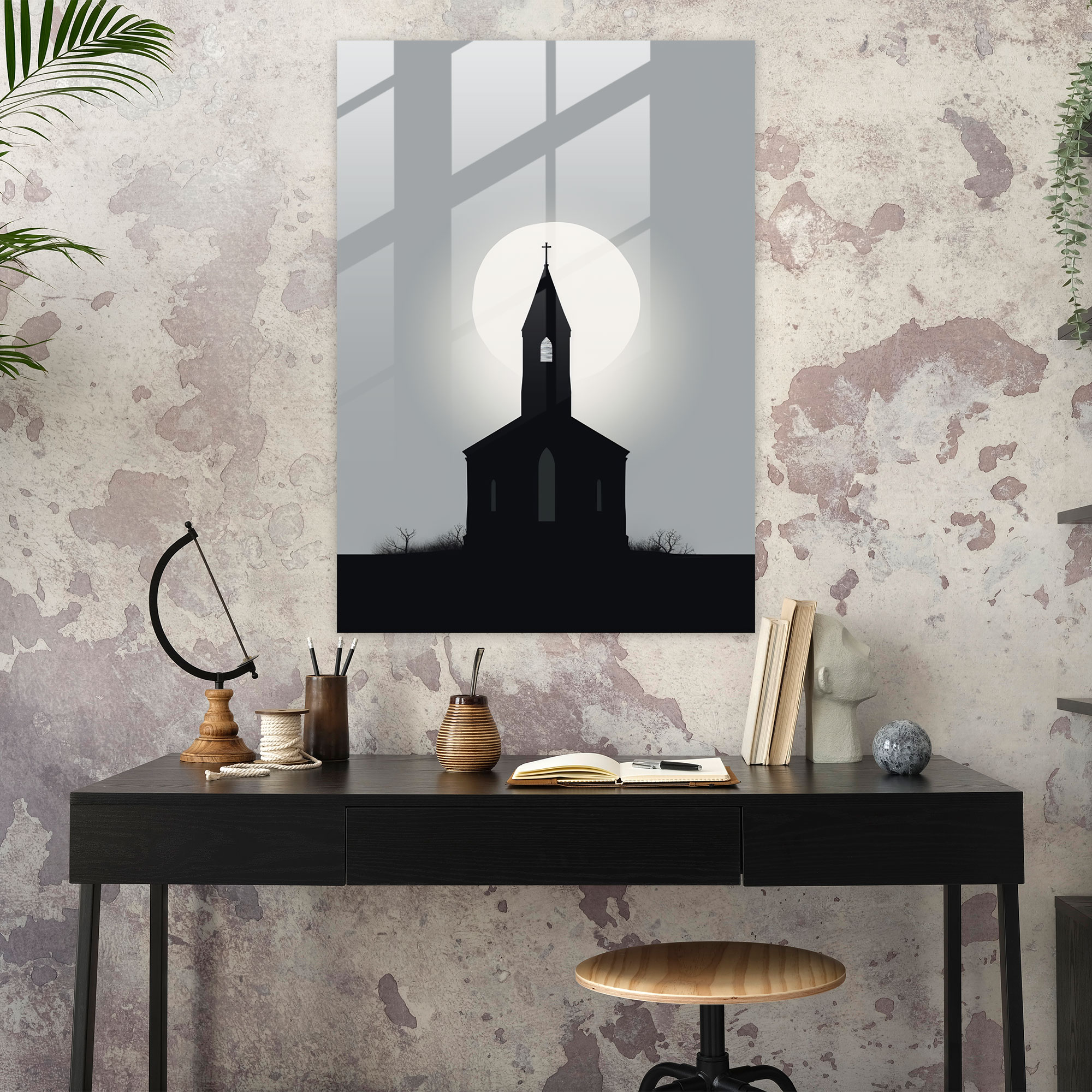Church Glass Wall Art: Minimalist Black And White Illustration Of Church Silhouette - Church, Minimalist Illustration, Church Glass Wall Art, Glass Art