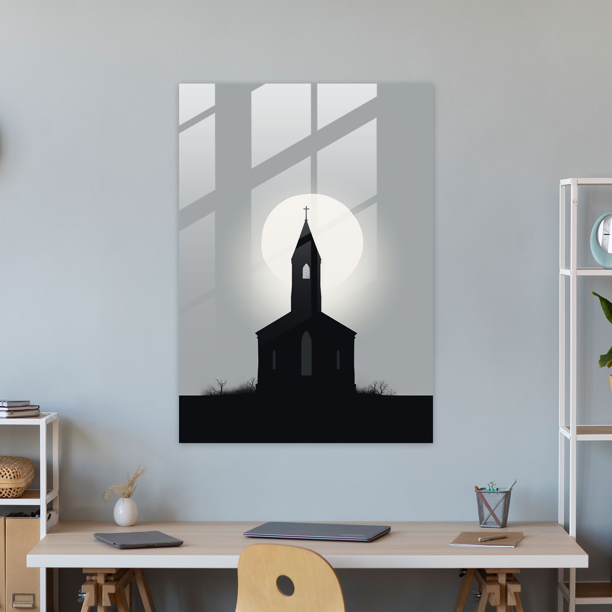 Church Glass Wall Art: Minimalist Black And White Illustration Of Church Silhouette - Church, Minimalist Illustration, Church Glass Wall Art, Glass Art