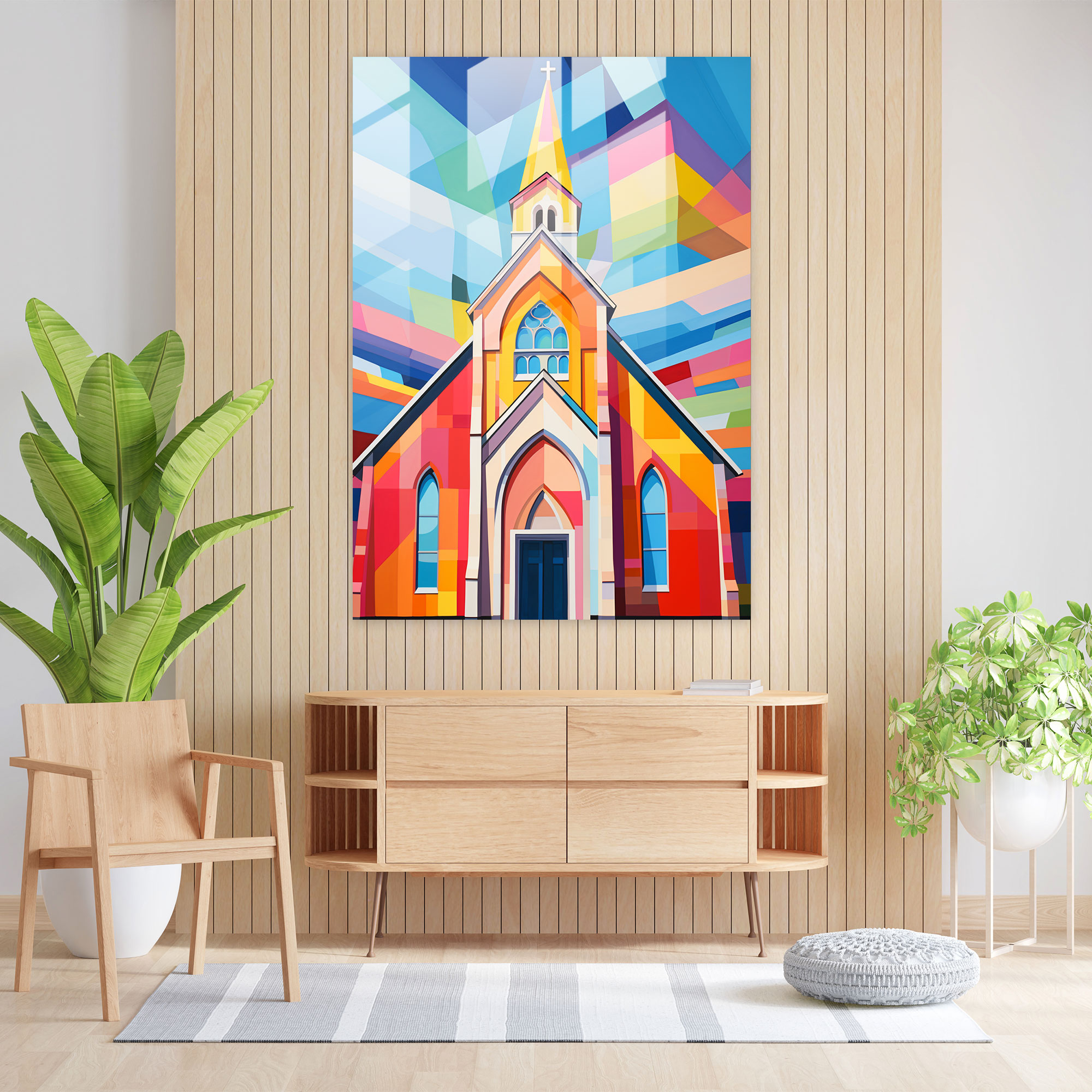 Church Glass Wall Art: Pop Art Illustration Of Vibrant Church - Church, Glass Art, Glass Print, Modern Art