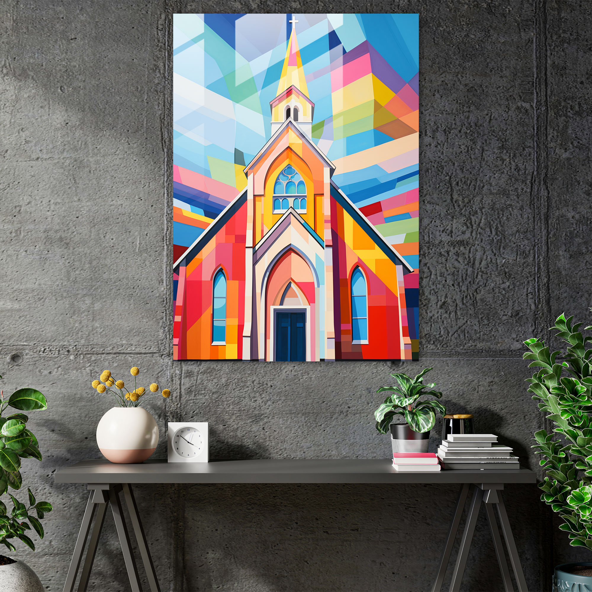 Church Glass Wall Art: Pop Art Illustration Of Vibrant Church - Church, Glass Art, Glass Print, Modern Art