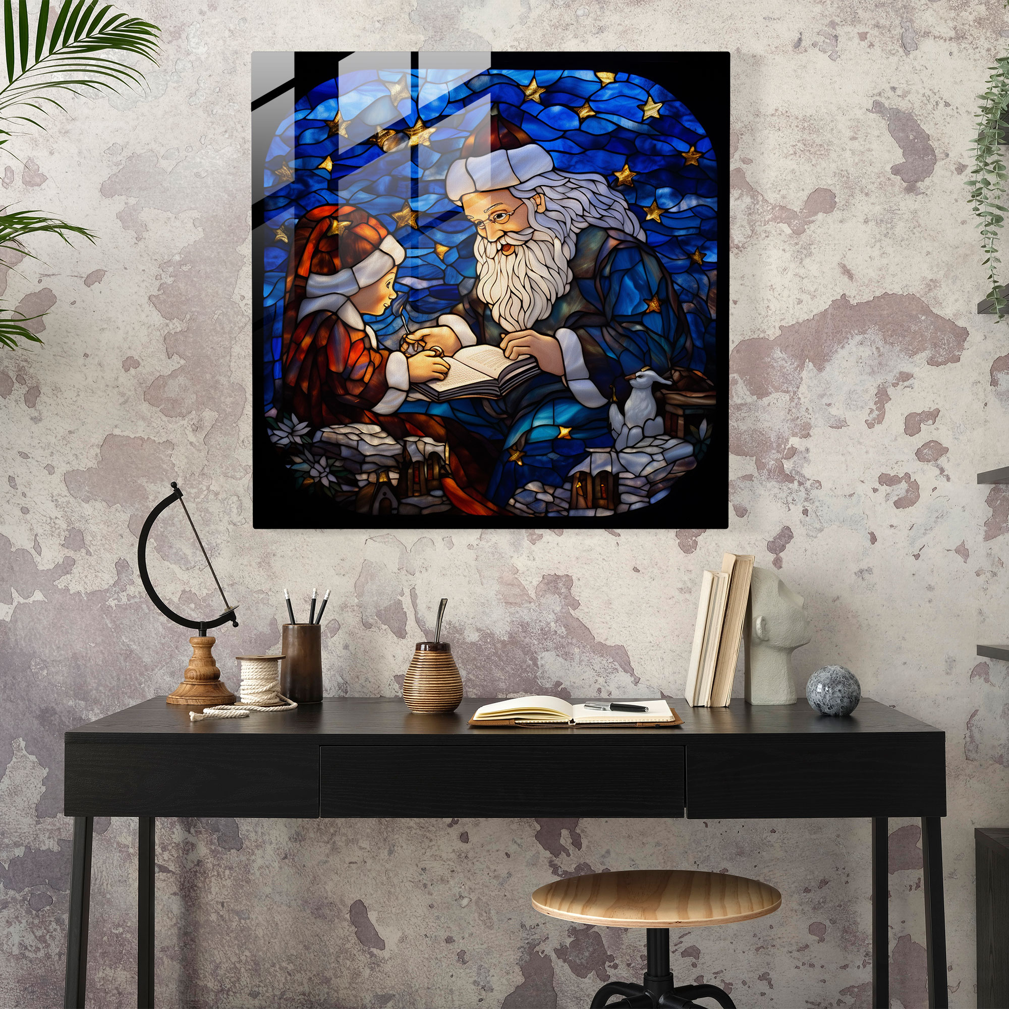 Renkli Cam Tablo - Noel Baba Hediye Teslim Ediyor - Yılbaşı Cam Tablo Duvar Dekorasyonu Cam Duvar Sanatı
