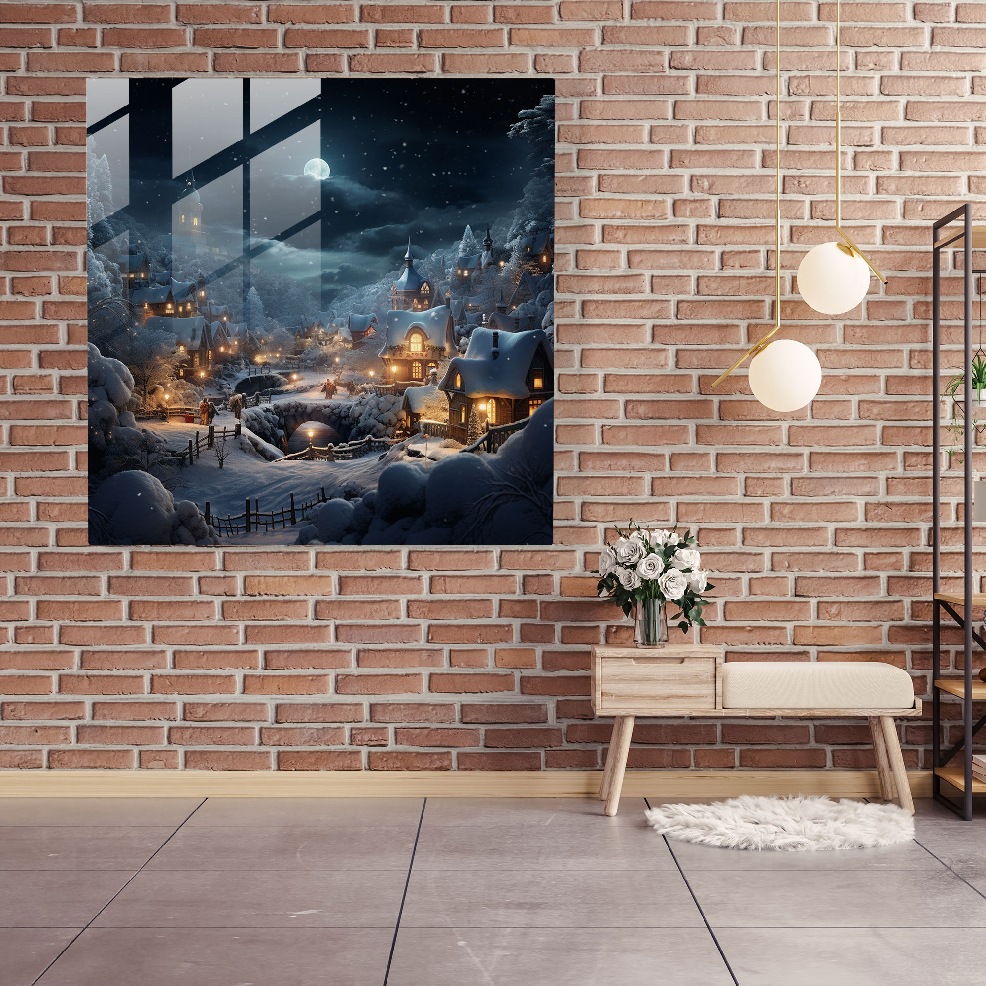 Modern Cam Tablo - Karla Kaplı Kış Köyü - Noel Modern Dijital İllüstrasyon Huzurlu Atmosfer Cam Tablo