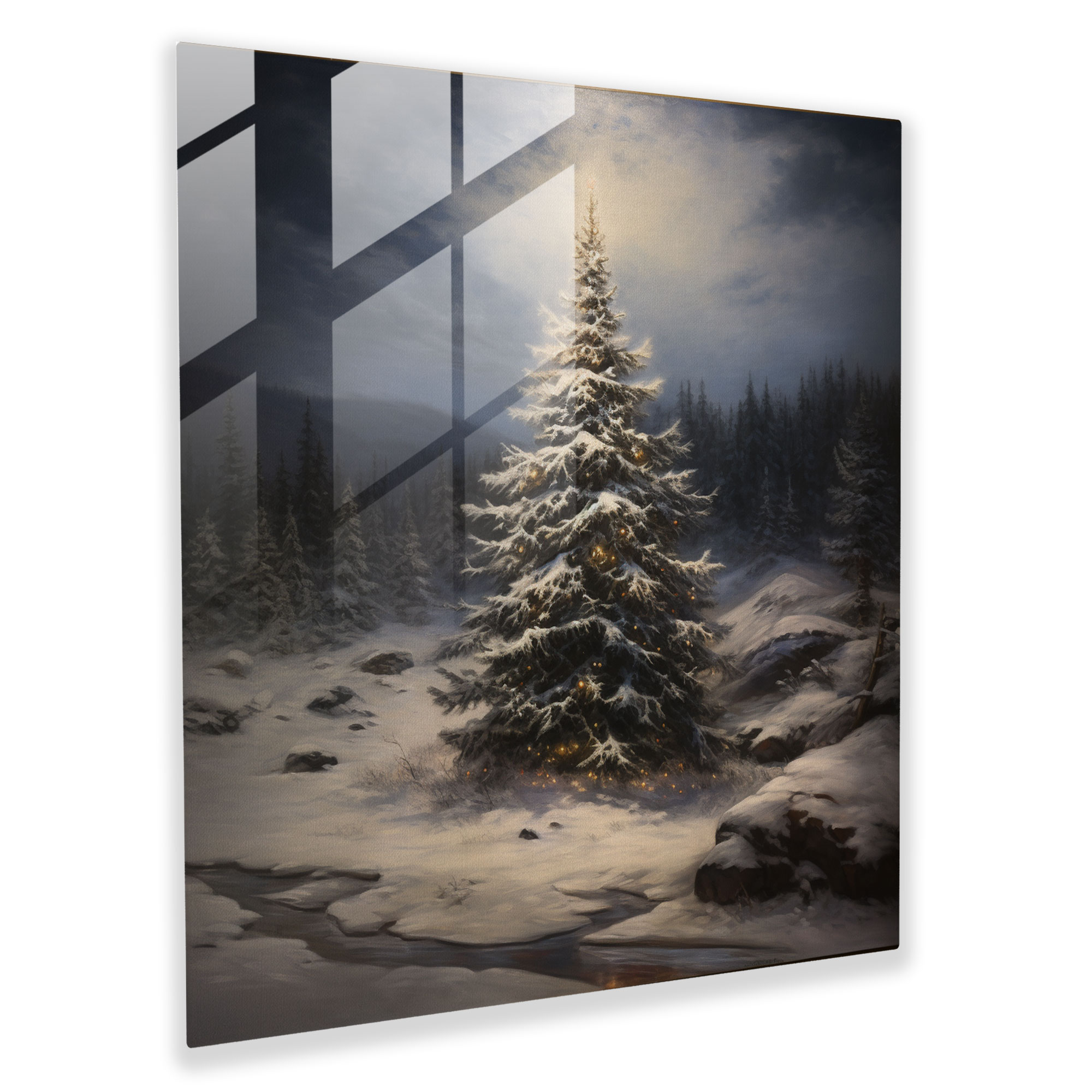 Classic Glass Print - Majestic Snowy Christmas Tree - Christmas, Glass Art, Classic Oil Painting, Wall Decoration