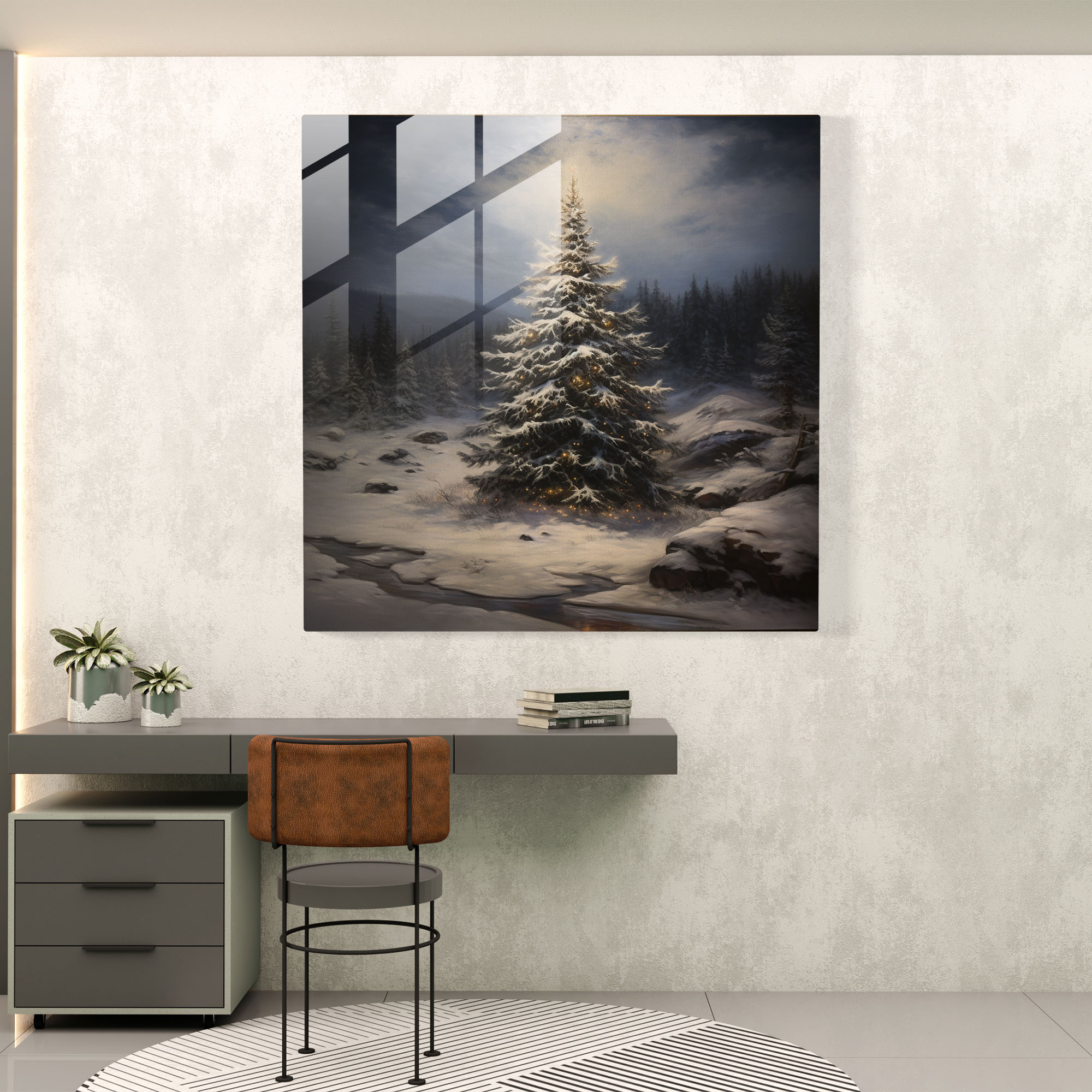 Classic Glass Print - Majestic Snowy Christmas Tree - Christmas, Glass Art, Classic Oil Painting, Wall Decoration