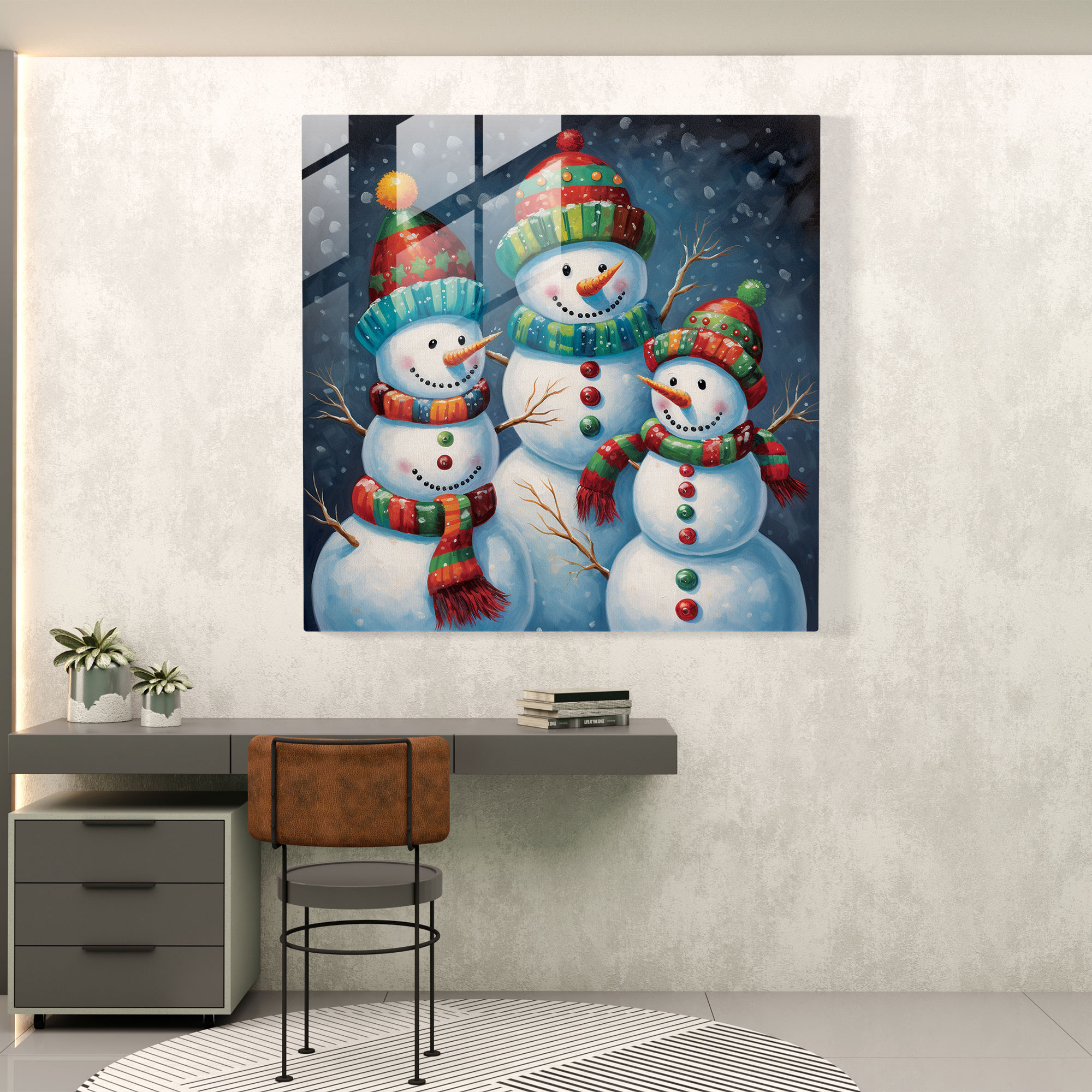 Snowman Delight Glass Print - Christmas, Holiday Cheer, Playful Snowman, Modern Art