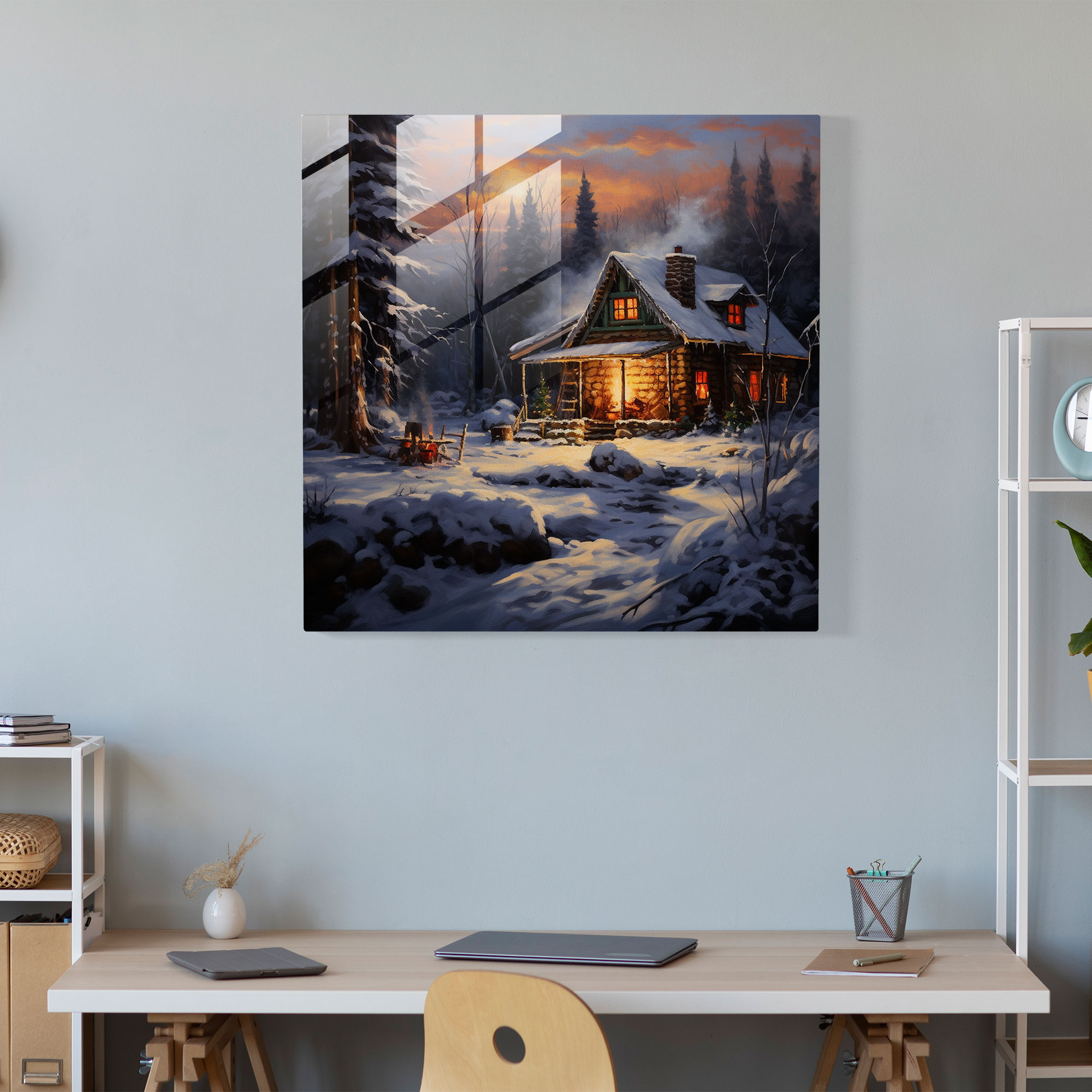 Christmas Cabin Glass Print - Christmas, Christmas, Snow, Wall Decoration