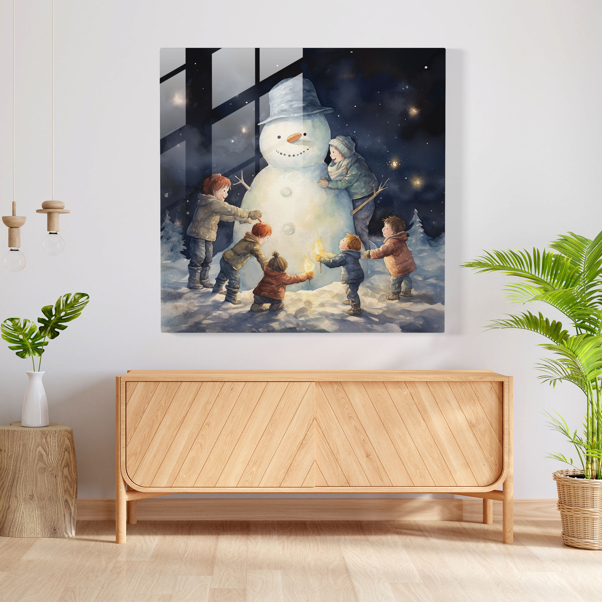 Snowman Delight Glass Print - Christmas, Wall Decoration, Glass Art, Moonlight