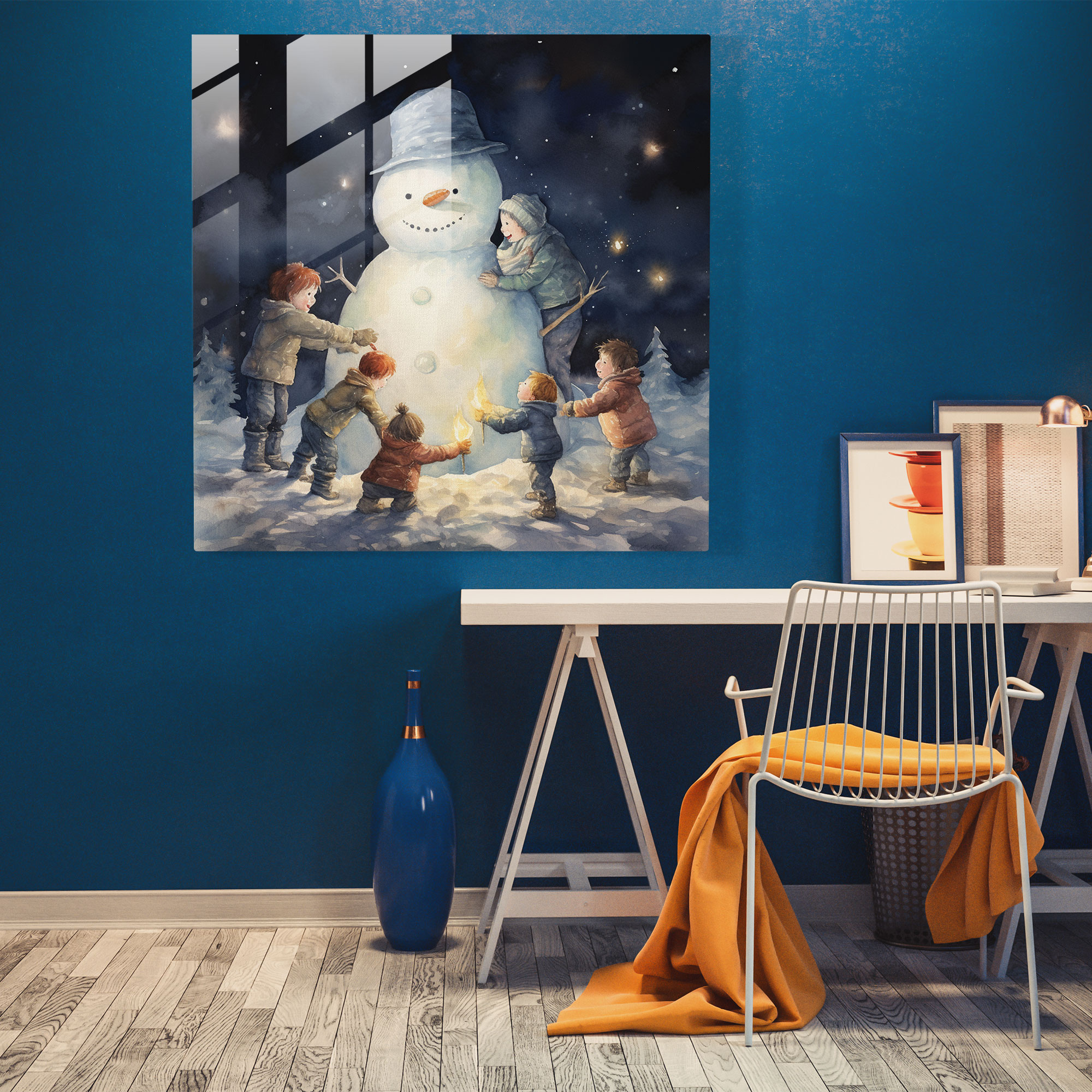 Snowman Delight Glass Print - Christmas, Wall Decoration, Glass Art, Moonlight