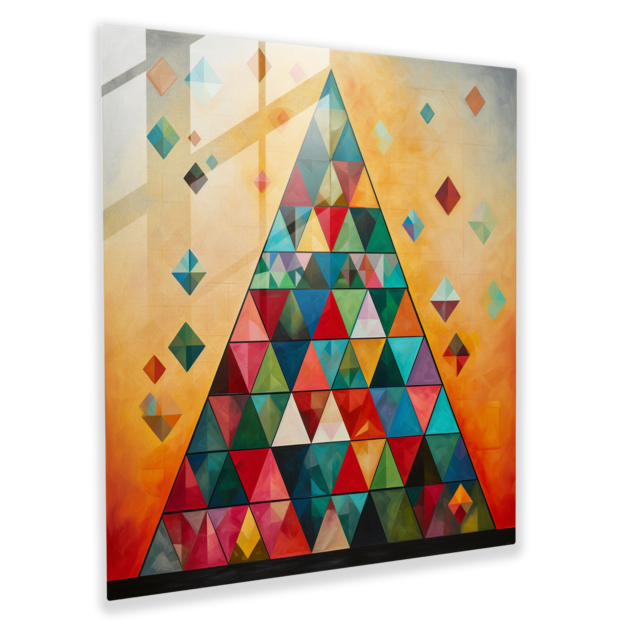 Geometrik Yılbaşı Cam Tablosu - Yılbaşı Şenlikli Renkler Modern Sanat Üçgenler