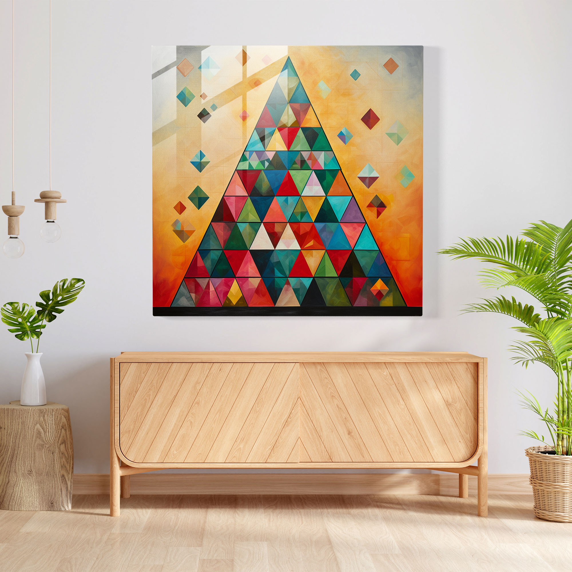 Geometrik Yılbaşı Cam Tablosu - Yılbaşı Şenlikli Renkler Modern Sanat Üçgenler