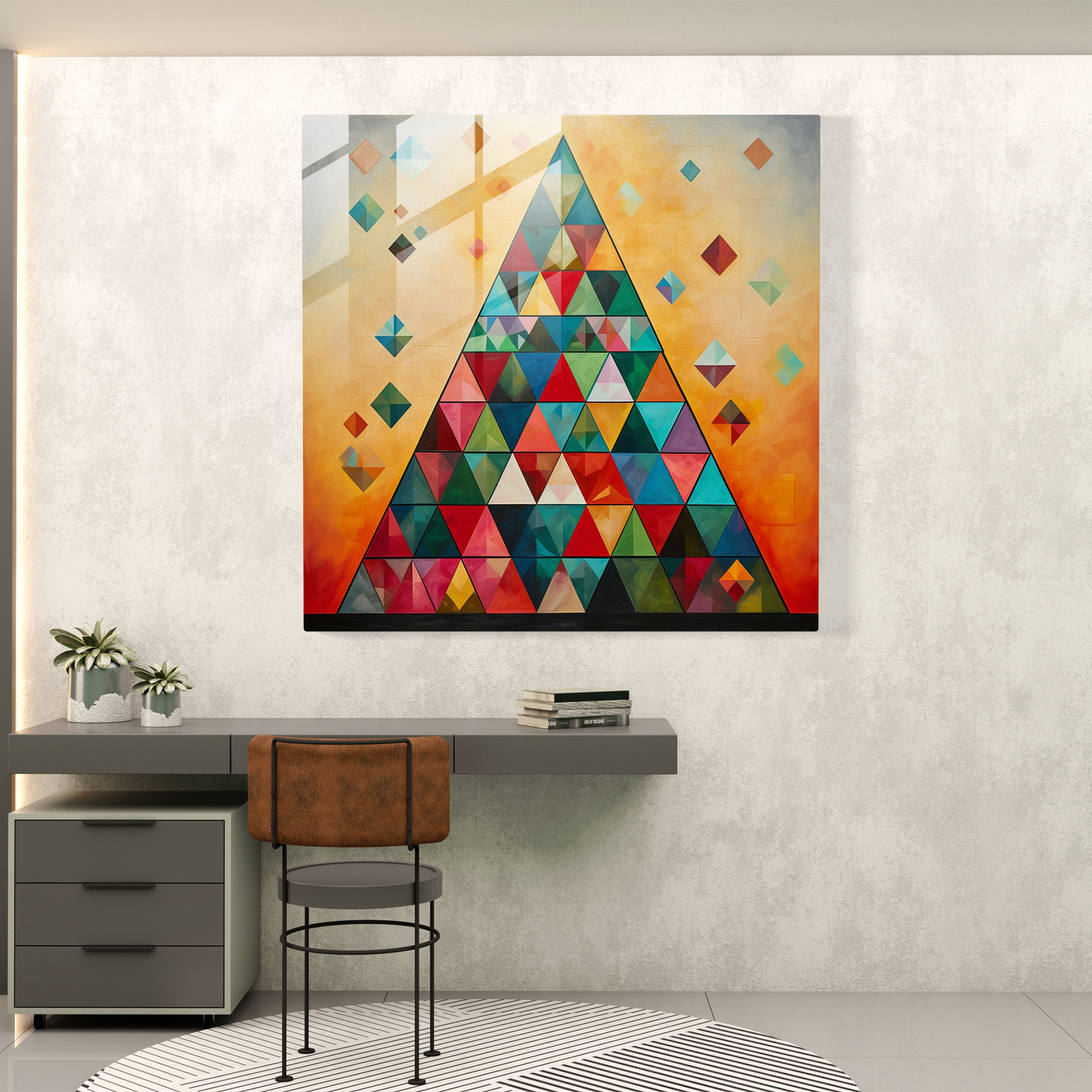 Geometrik Yılbaşı Cam Tablosu - Yılbaşı Şenlikli Renkler Modern Sanat Üçgenler