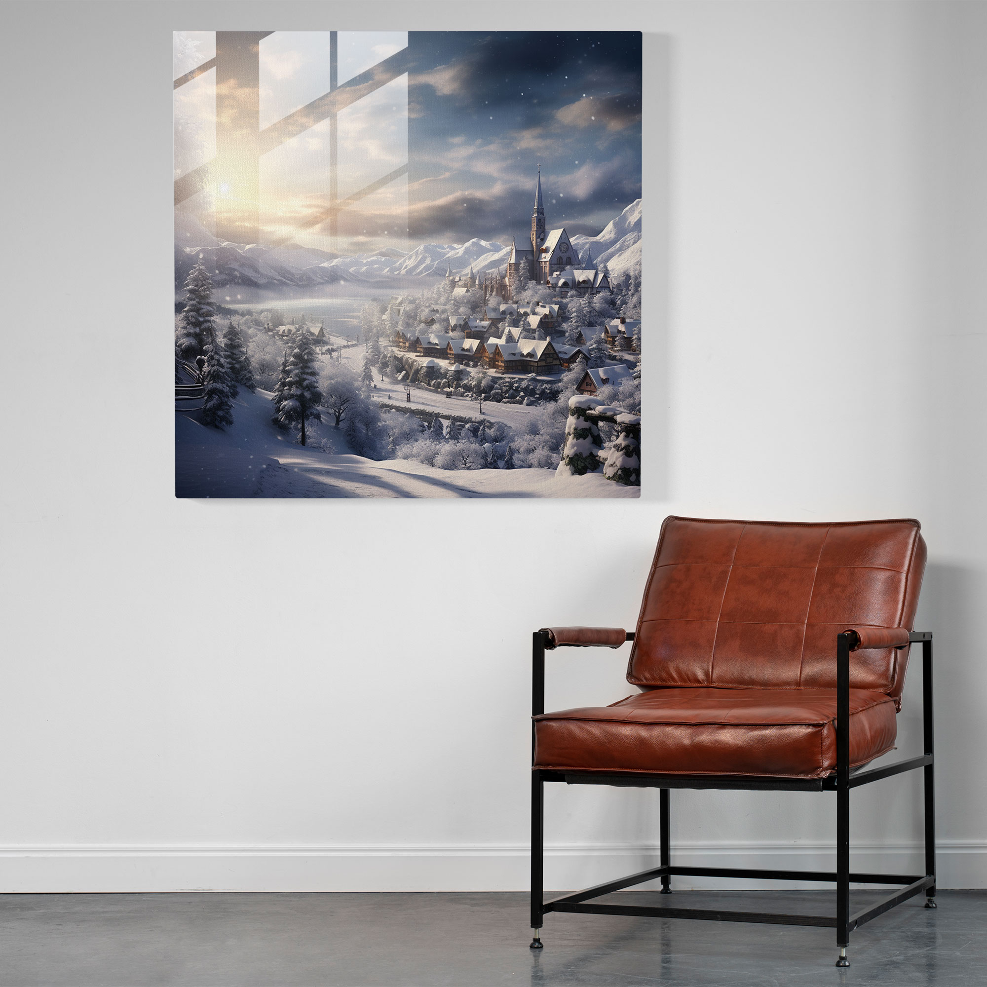 Snowy Village Glass Print - Christmas, Glass Wall Art, Home Decoration, Modern Art