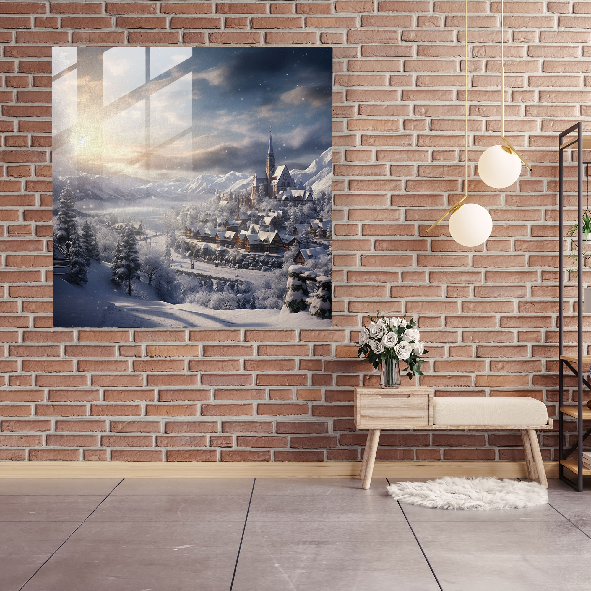 Snowy Village Glass Print - Christmas, Glass Wall Art, Home Decoration, Modern Art