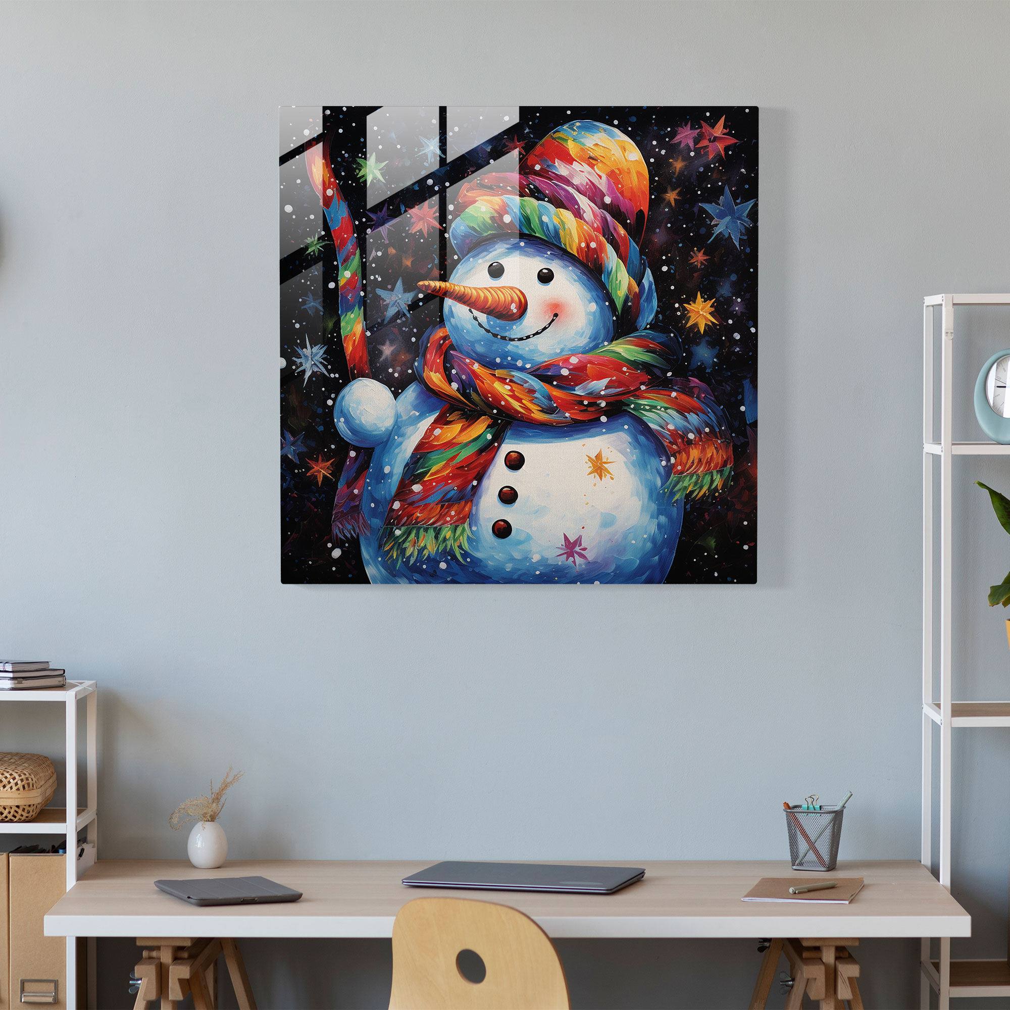 Neşeli Kar Tanesi Cam Tablo - Noel Cam Duvar Sanatı Duvar Dekorasyonu
