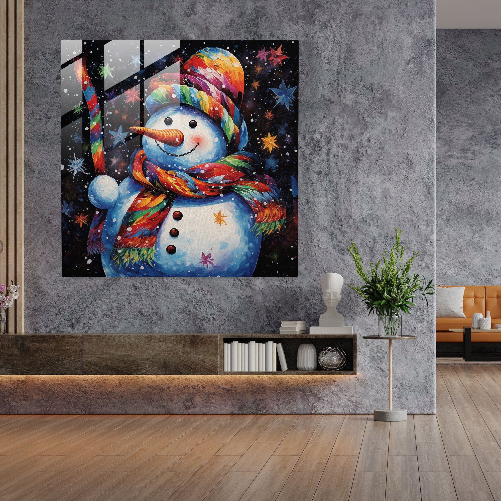 Neşeli Kar Tanesi Cam Tablo - Noel Cam Duvar Sanatı Duvar Dekorasyonu