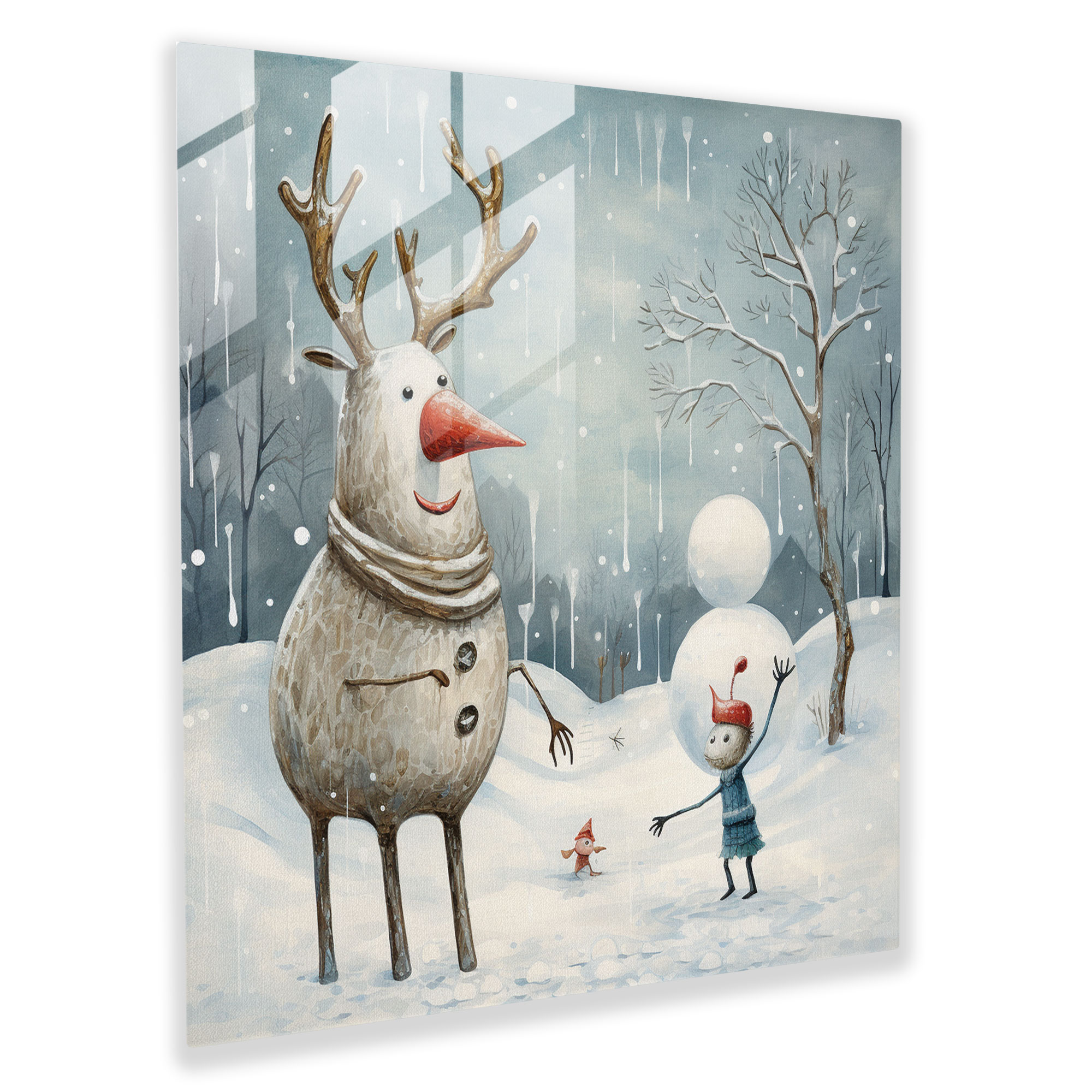 Christmas Reindeer And Snowman Glass Print - Christmas, Glass Art, Whimsical Cartoon Drawing, Playful