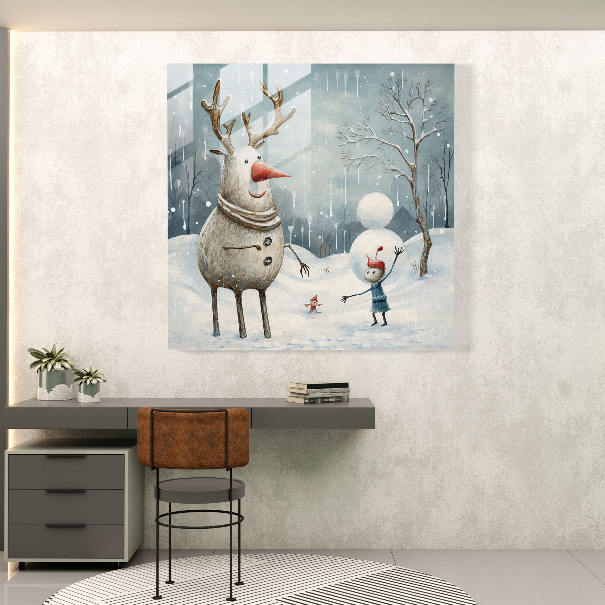 Christmas Reindeer And Snowman Glass Print - Christmas, Glass Art, Whimsical Cartoon Drawing, Playful