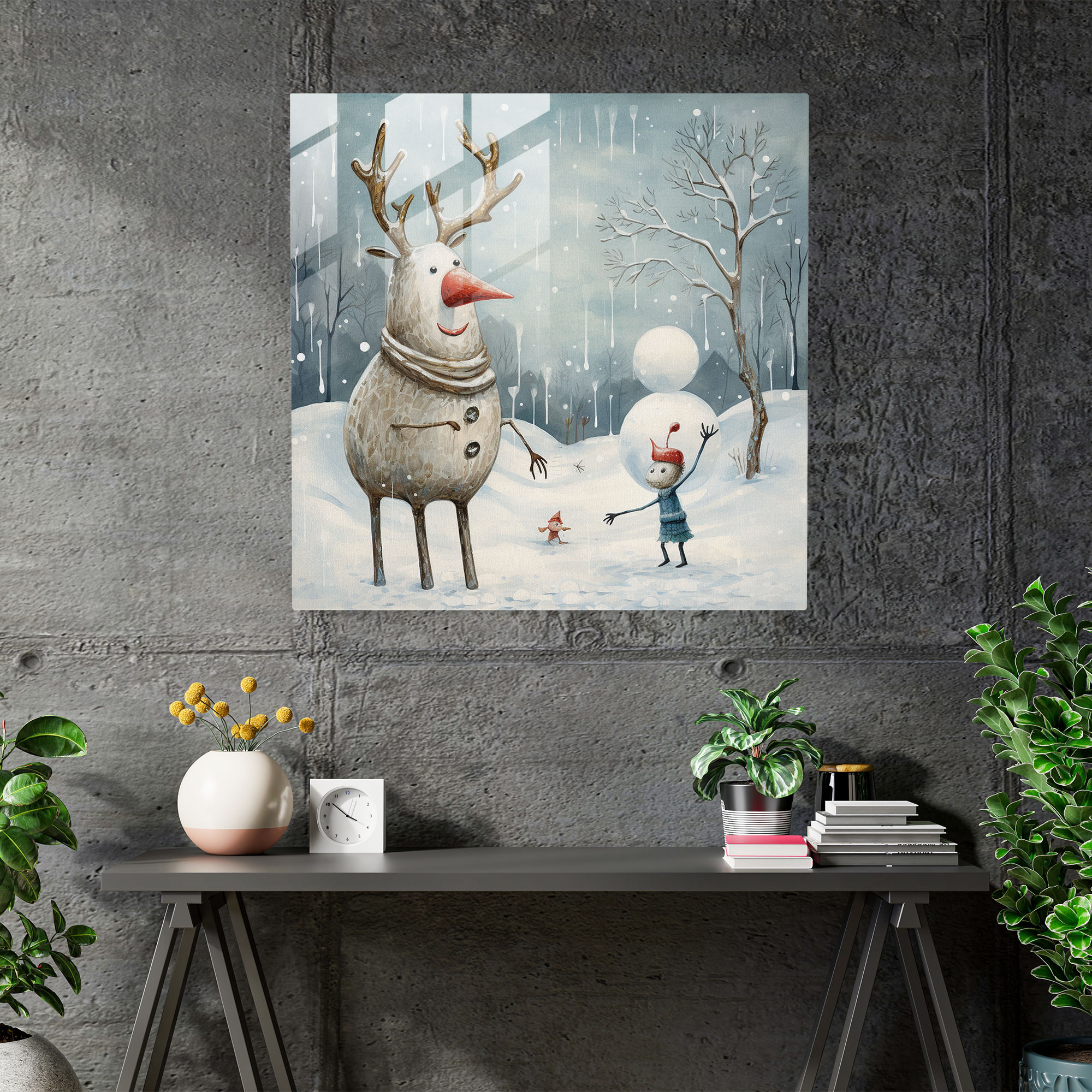 Christmas Reindeer And Snowman Glass Print - Christmas, Glass Art, Whimsical Cartoon Drawing, Playful