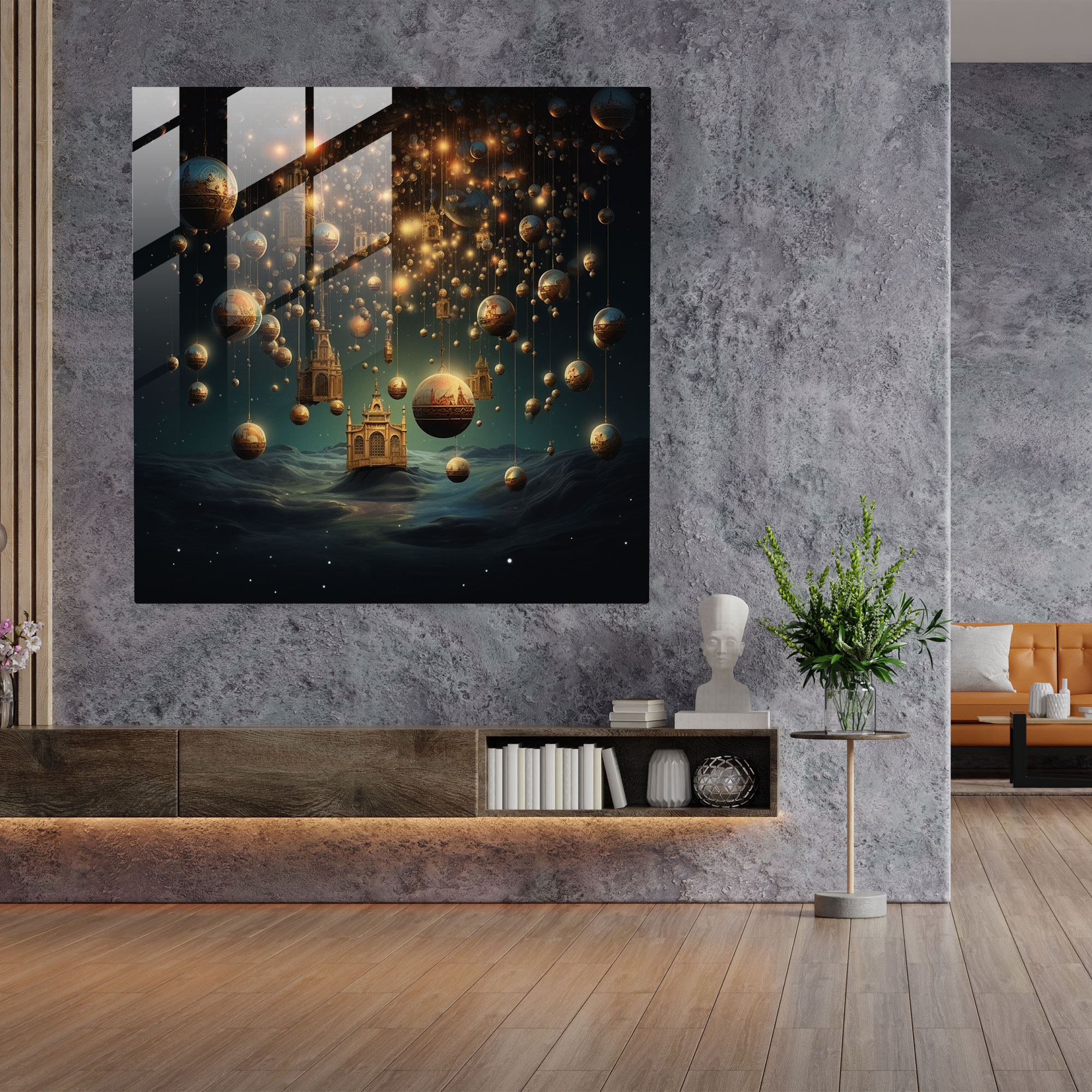 Sürrealist Yüzen Süslemeler Cam Tablo - Noel Yüzen Süslemeler Modern Sanat Ev Dekorasyonu