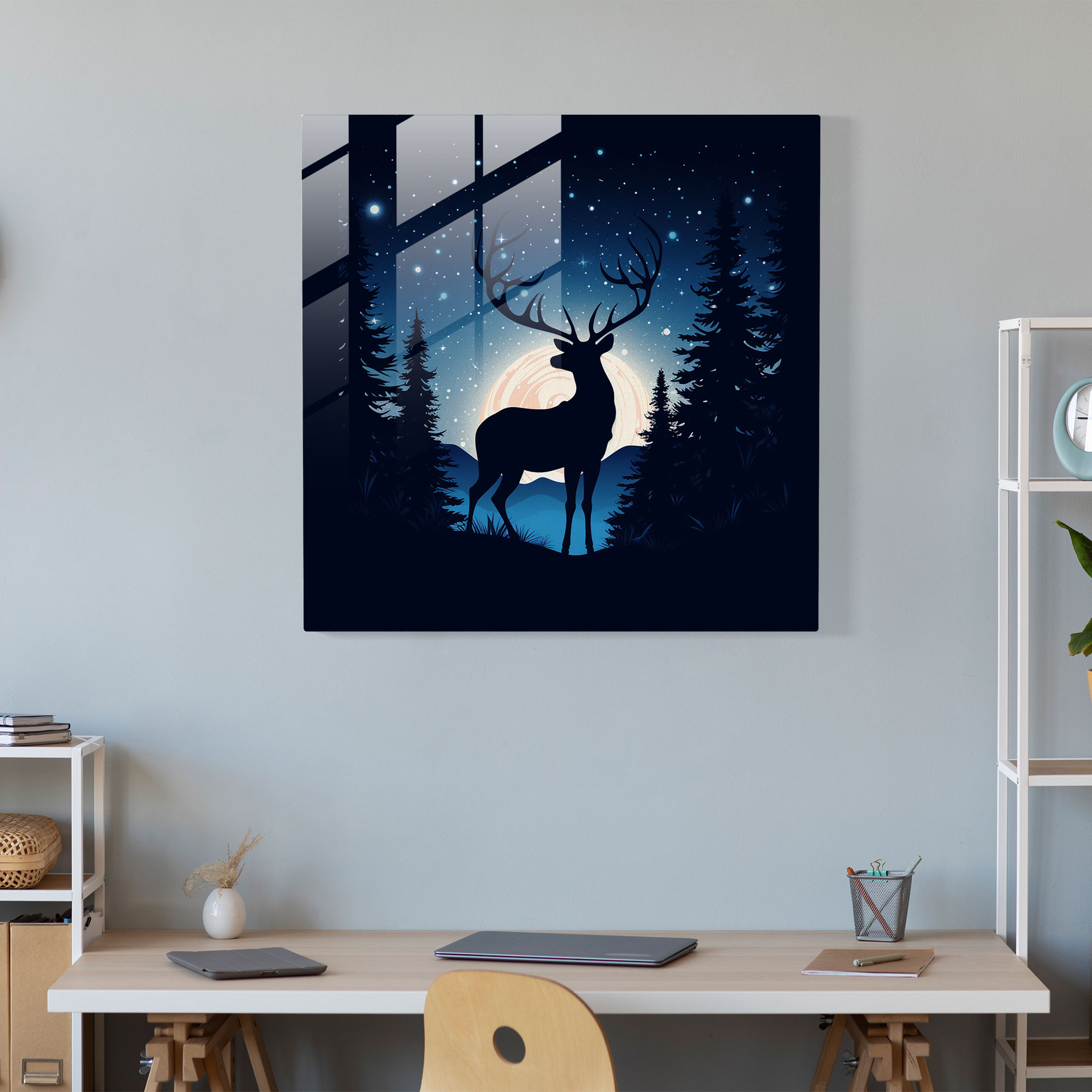 Christmas Glass Print: Starry Night Reindeer - Christmas, Reindeer, Modern Art, Glass Print