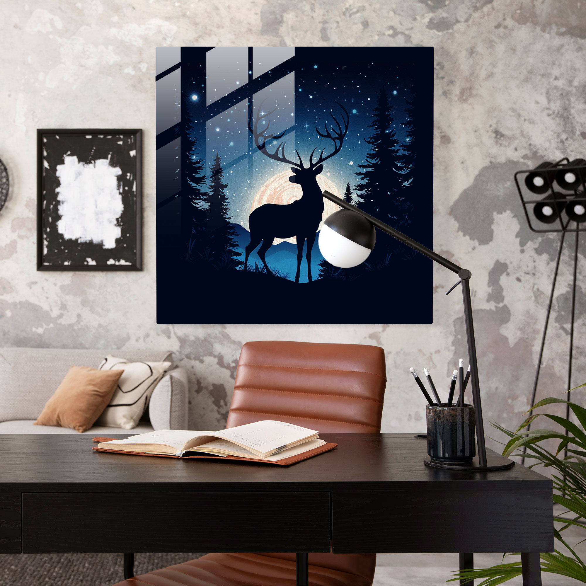 Christmas Glass Print: Starry Night Reindeer - Christmas, Reindeer, Modern Art, Glass Print