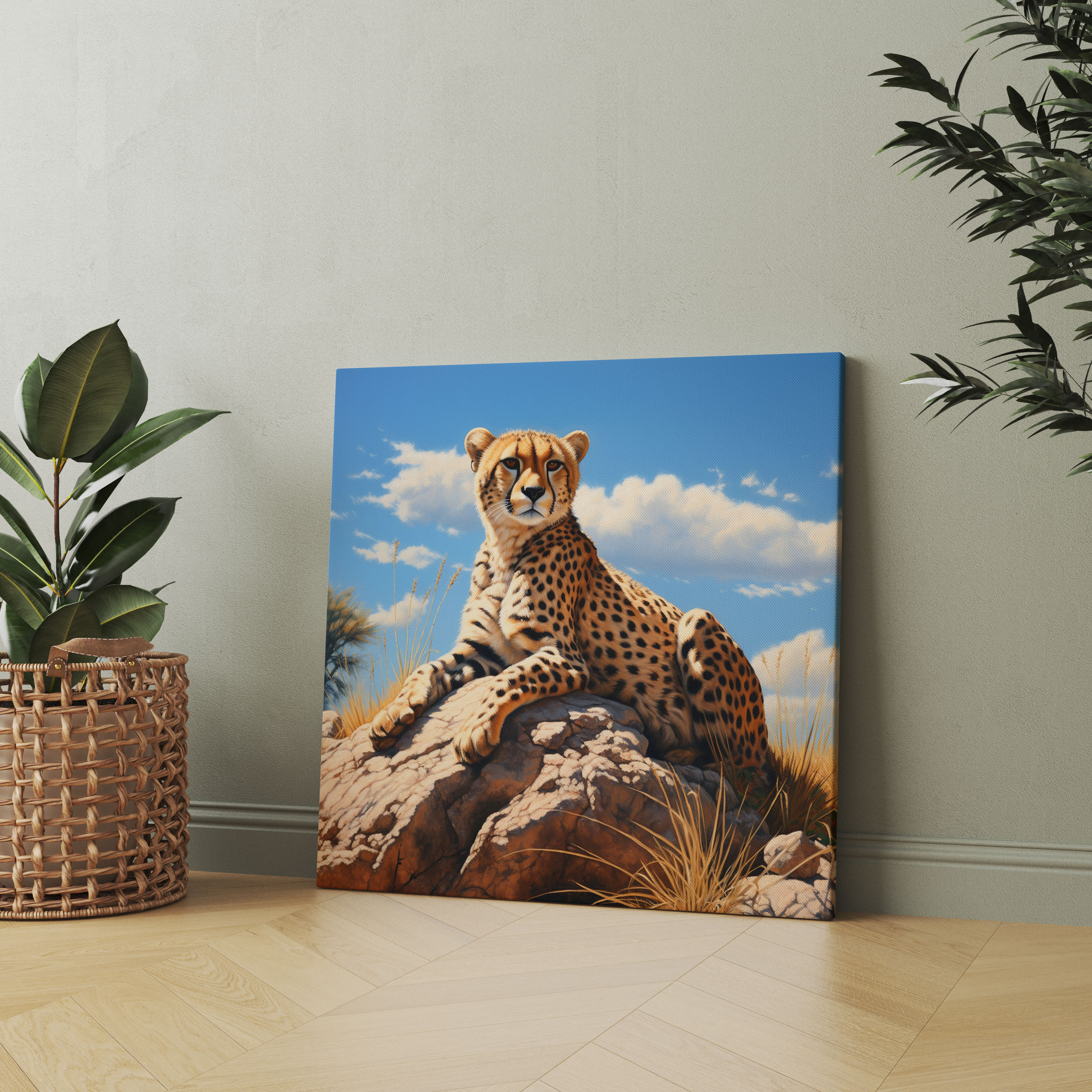 Cheetah Wall Art - Realistic Oil Painting Canvas Print - Cheetah, Rocky Landscape, Realistic Oil Painting, Canvas Wall Art