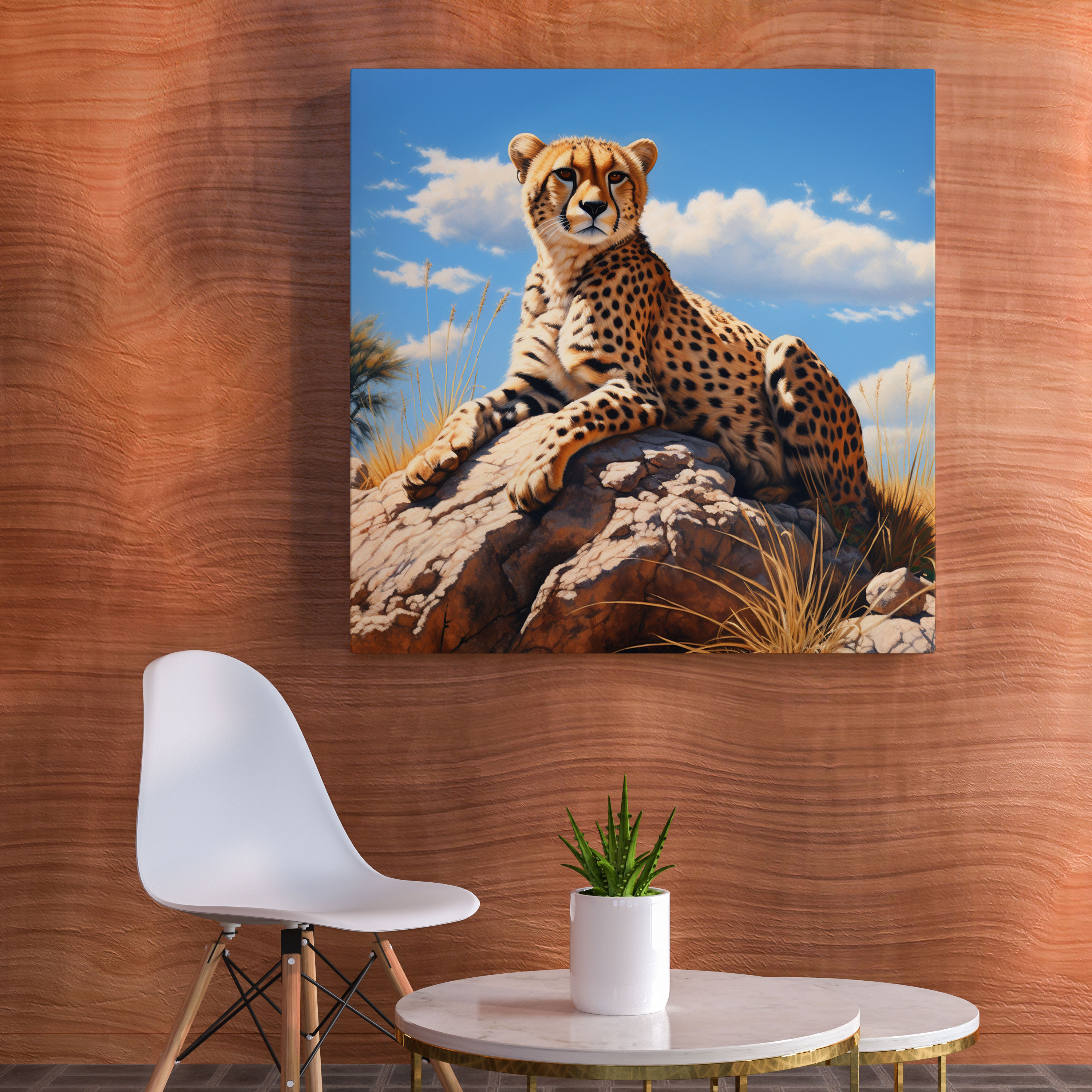 Cheetah Wall Art - Realistic Oil Painting Canvas Print - Cheetah, Rocky Landscape, Realistic Oil Painting, Canvas Wall Art