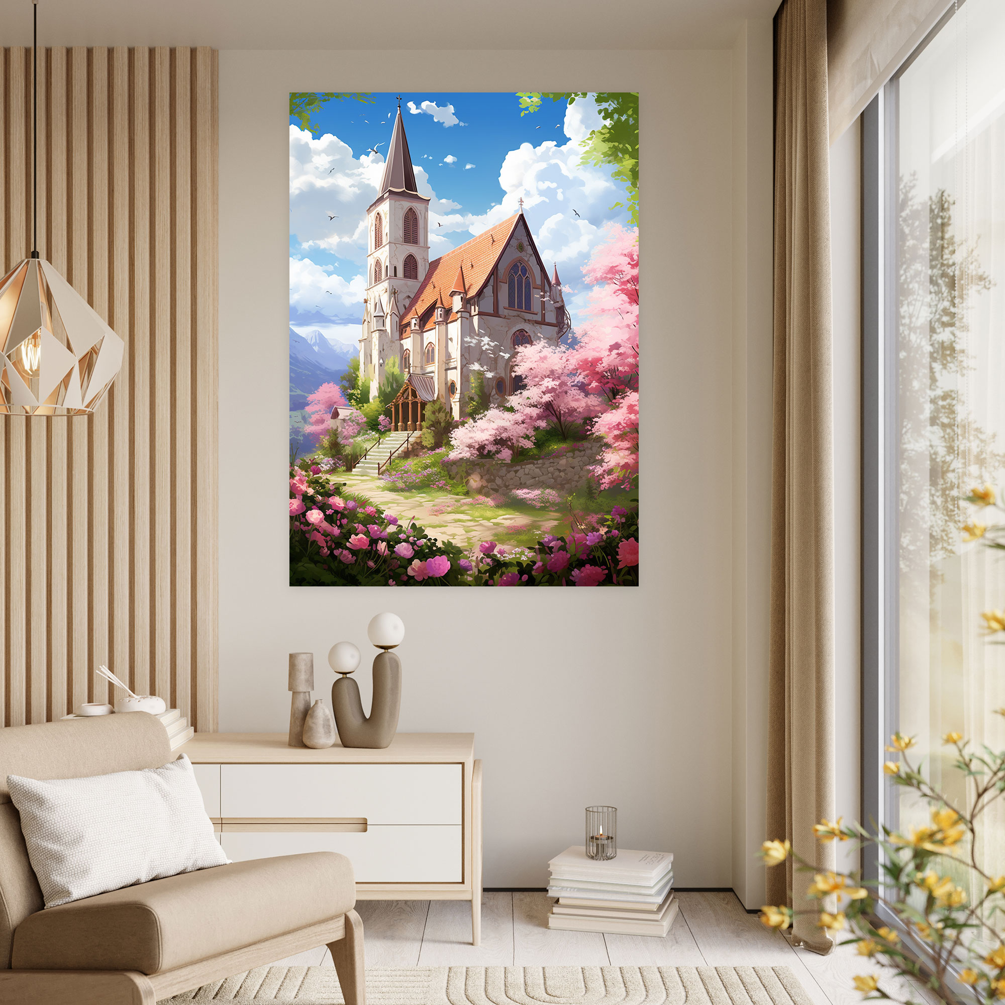 Huzurlu Çiçek Bahçesi Duvar Dekorasyonu Kanvas Tablo - Kilise Duvar Dekorasyonu Huzur ve Uyum Ev Dekorasyonu