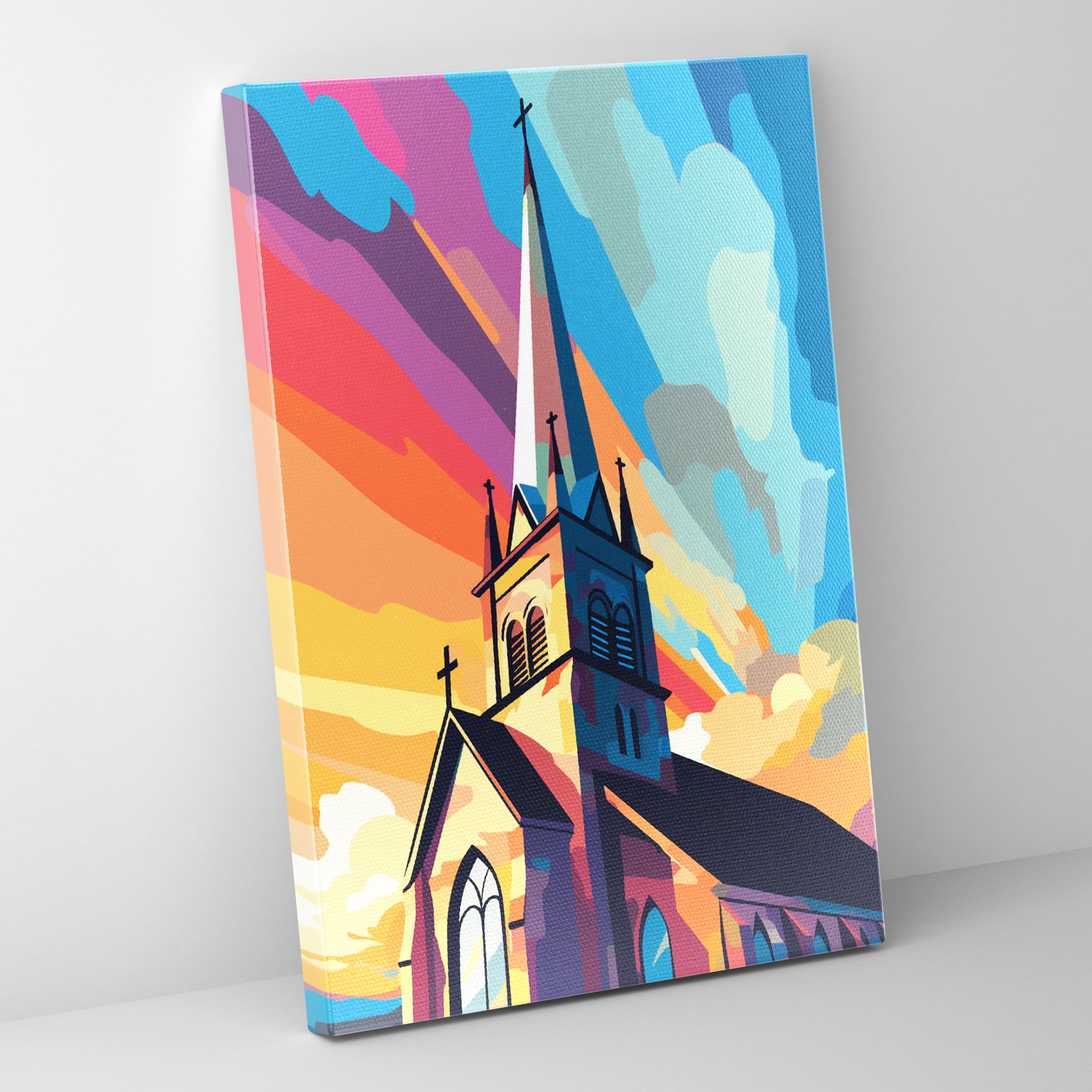 Church Canvas Print - Pop Art Style Spire Wall Art - Church, Canvas, Vibrant Colors, Wall Decoration