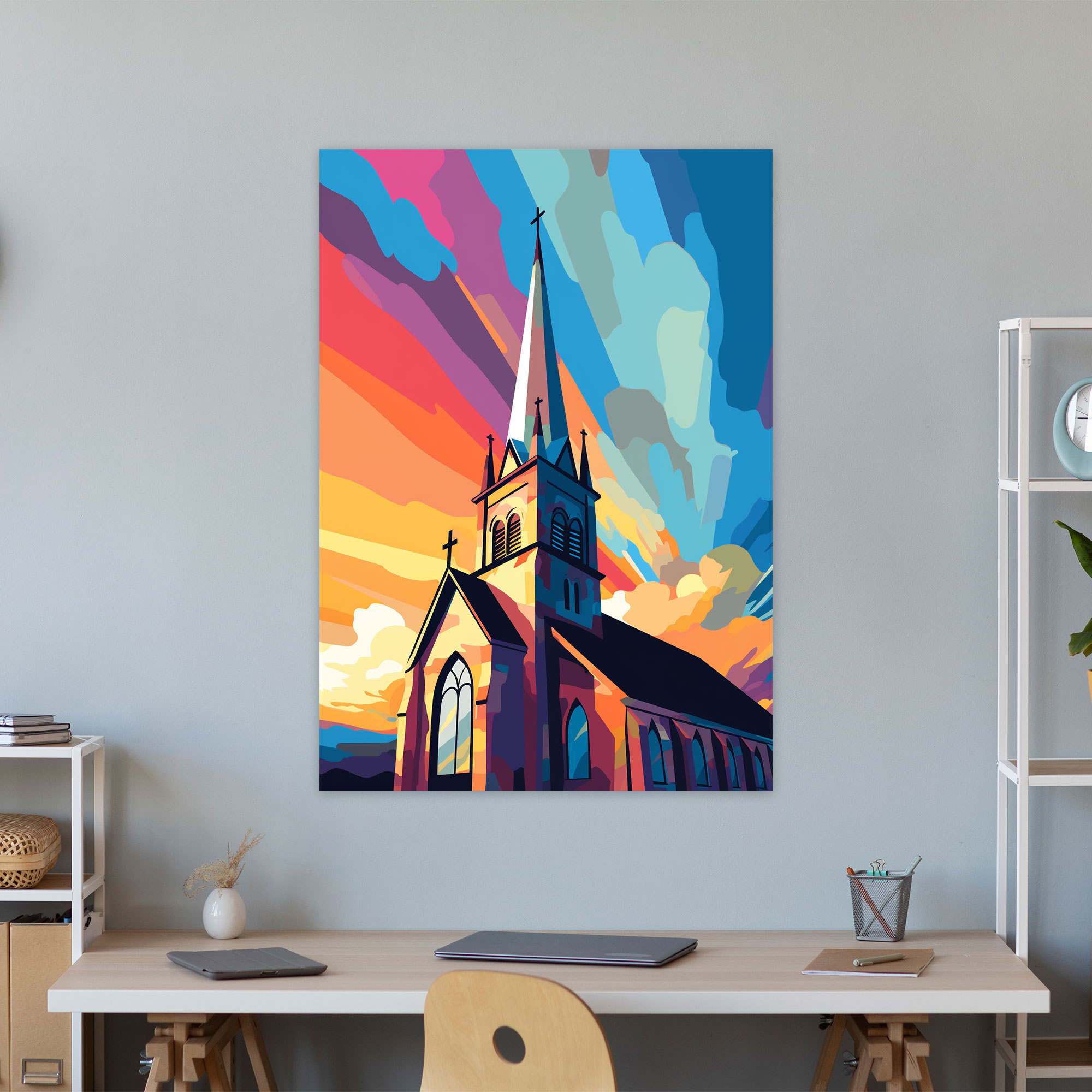 Church Canvas Print - Pop Art Style Spire Wall Art - Church, Canvas, Vibrant Colors, Wall Decoration