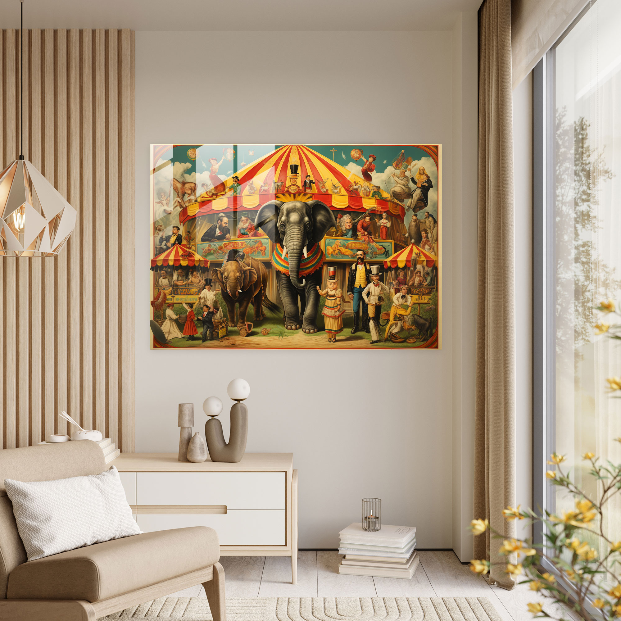 Glasbild Zirkus- und Zirkuskünstler-Wanddekoration im Vintage-Stil