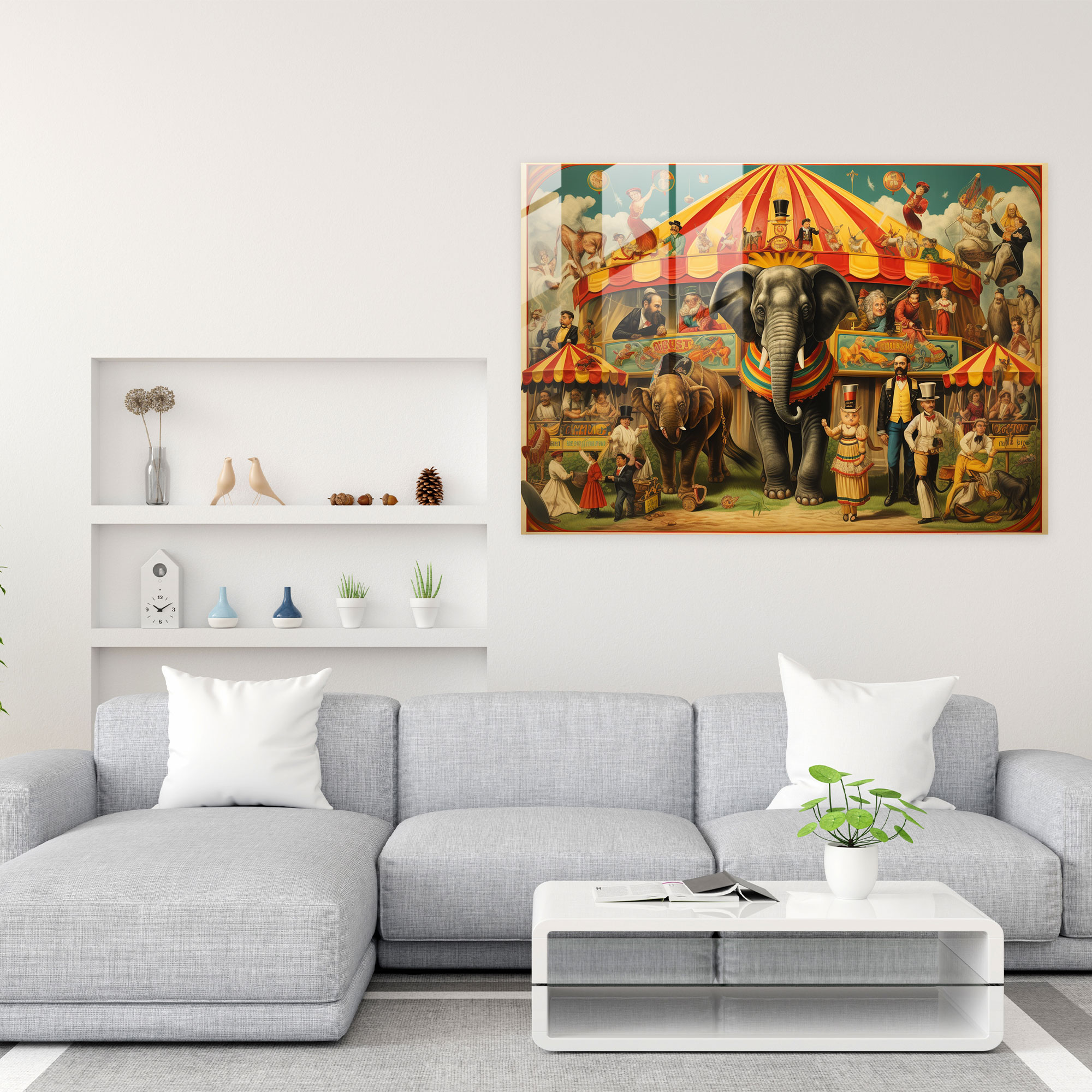 Glasbild Zirkus- und Zirkuskünstler-Wanddekoration im Vintage-Stil