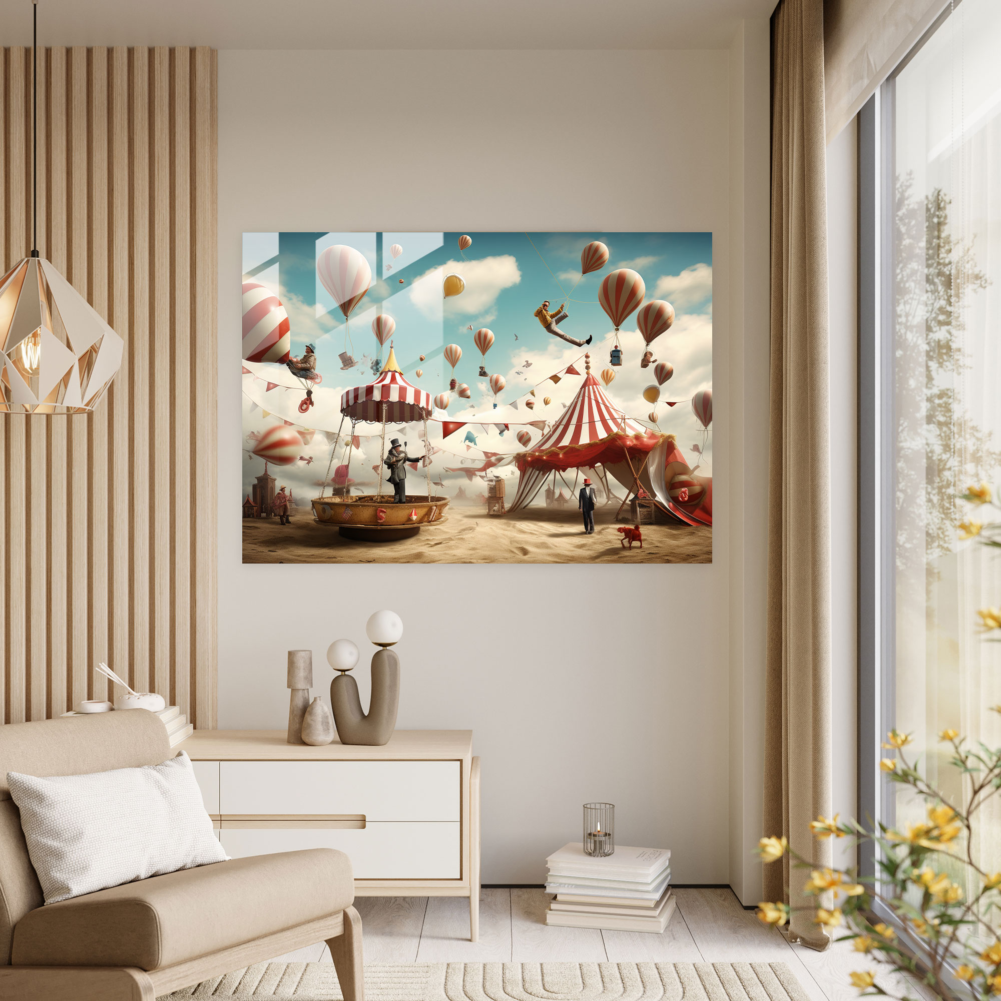 Surreales Zirkus Glasbild - Zirkus Digitale Kunst Wanddekoration