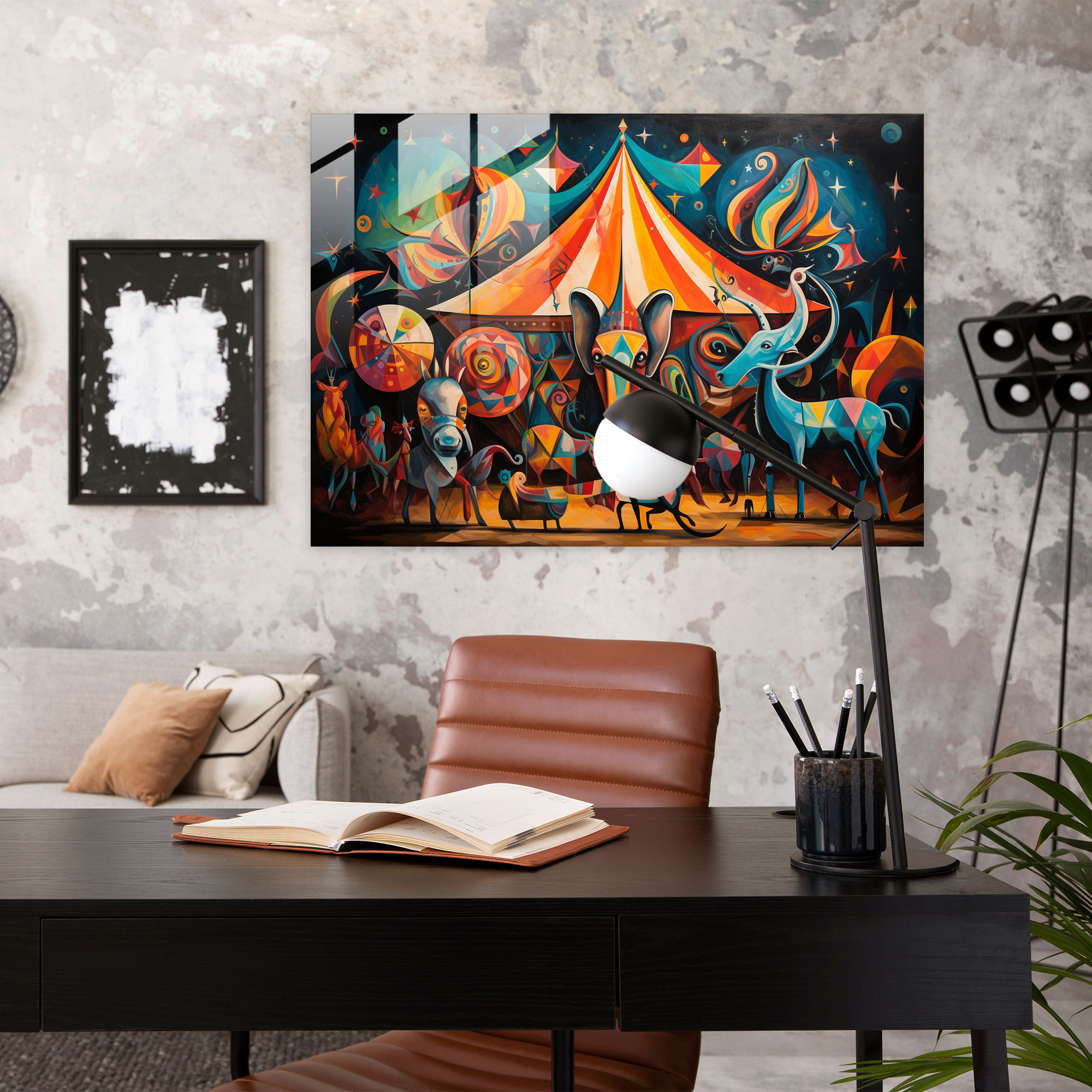 Glasbild Zirkusspaß - Zirkus bunte Tiere moderne Kunst