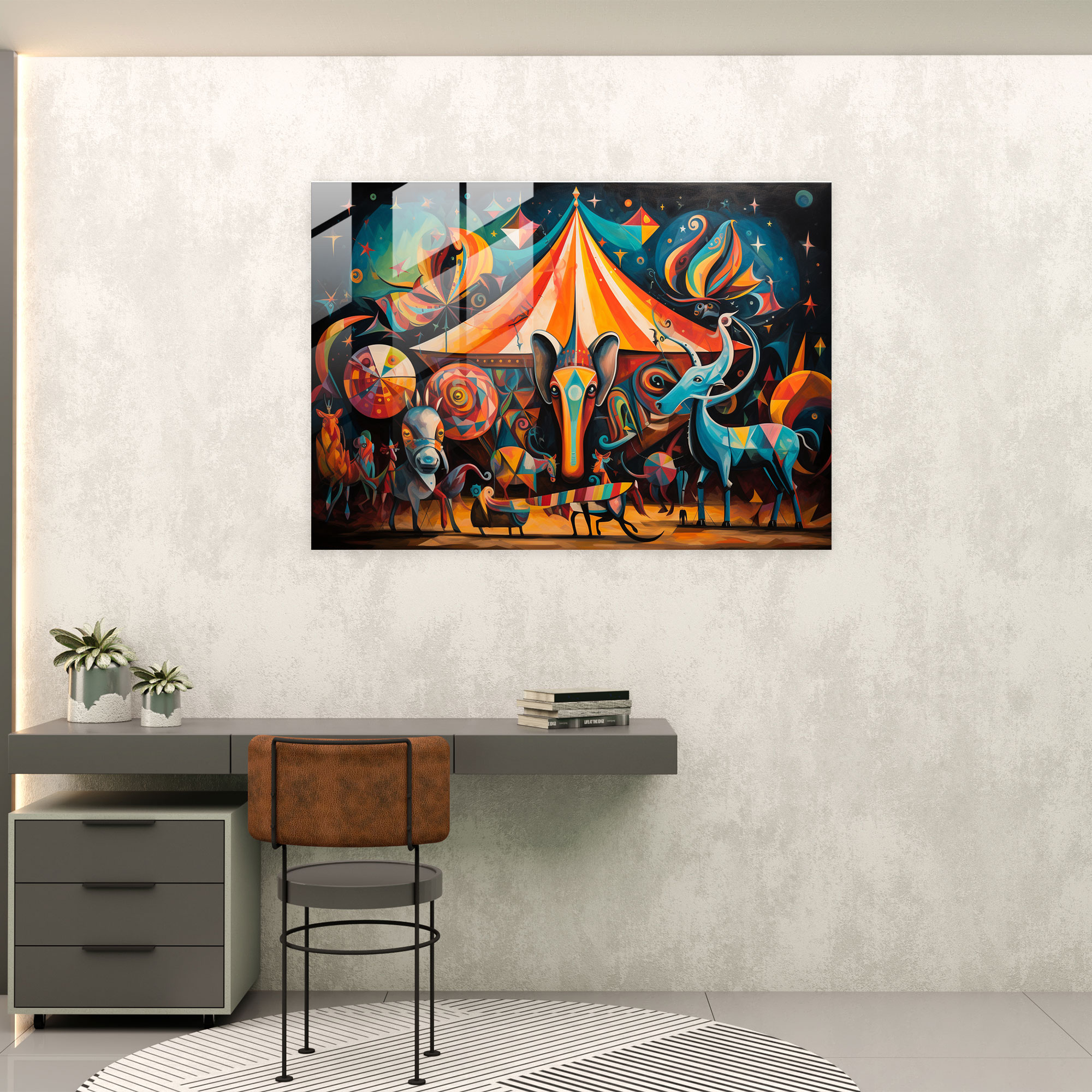 Glasbild Zirkusspaß - Zirkus bunte Tiere moderne Kunst