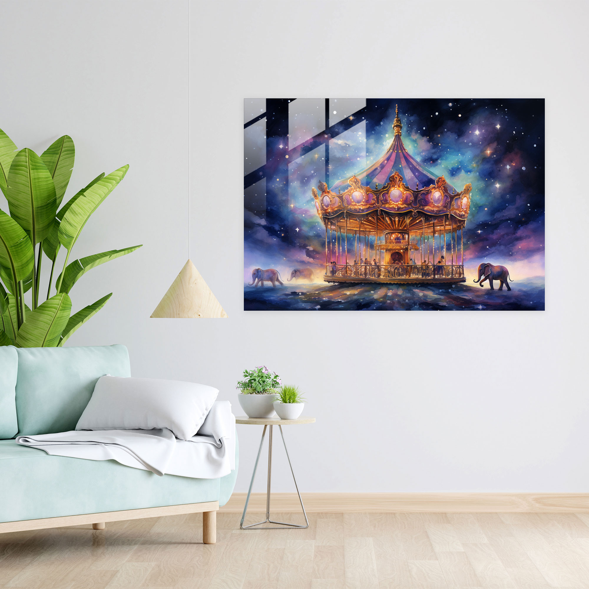 Glasbild Karussellträume - Zirkus Moderne Kunst Aquarell-Illustration Wanddekoration