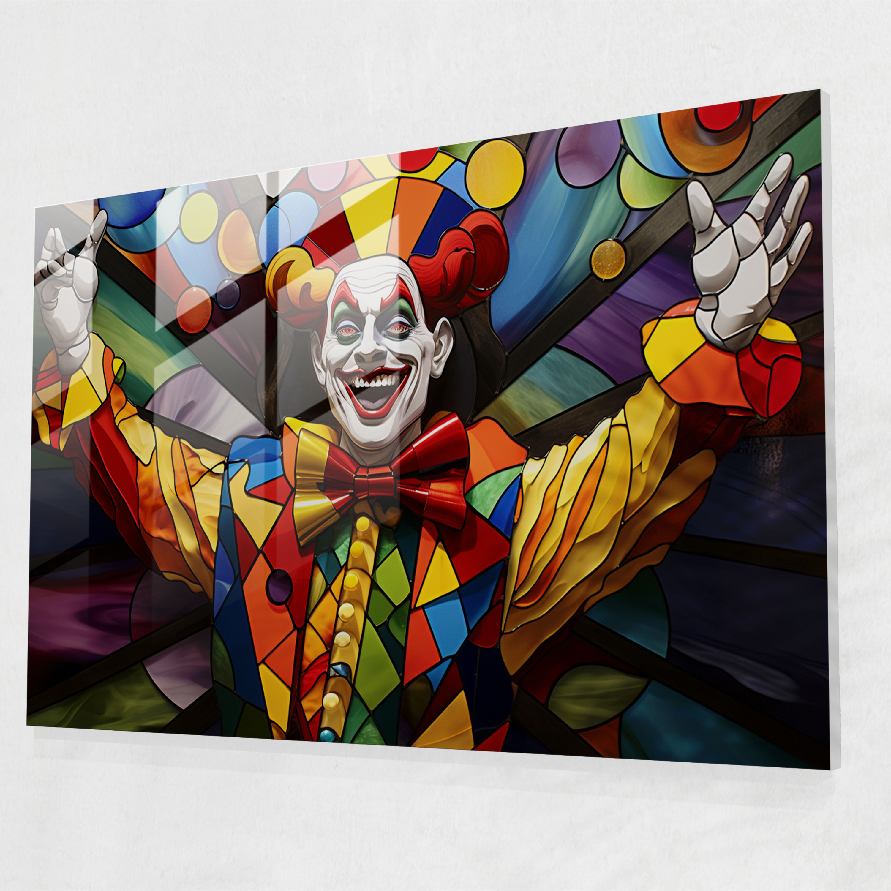 Bunter Clown Glasbild - Zirkus Wohndekoration Jonglierender Clown Moderne Kunst.